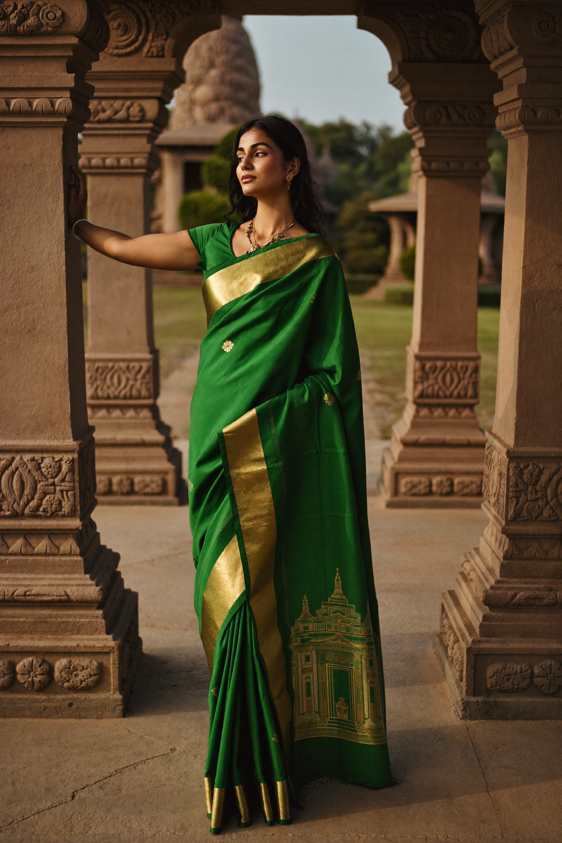 Emerald Kanchipuram temple silk saree among stone pillars