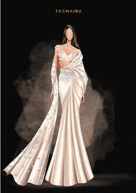 Black duchess satin column gown with a crystal bodice and a crystal-beaded sheer cape