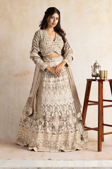 Regal Olive Grey Embroidered Lehenga Set with Elegant Dupatta