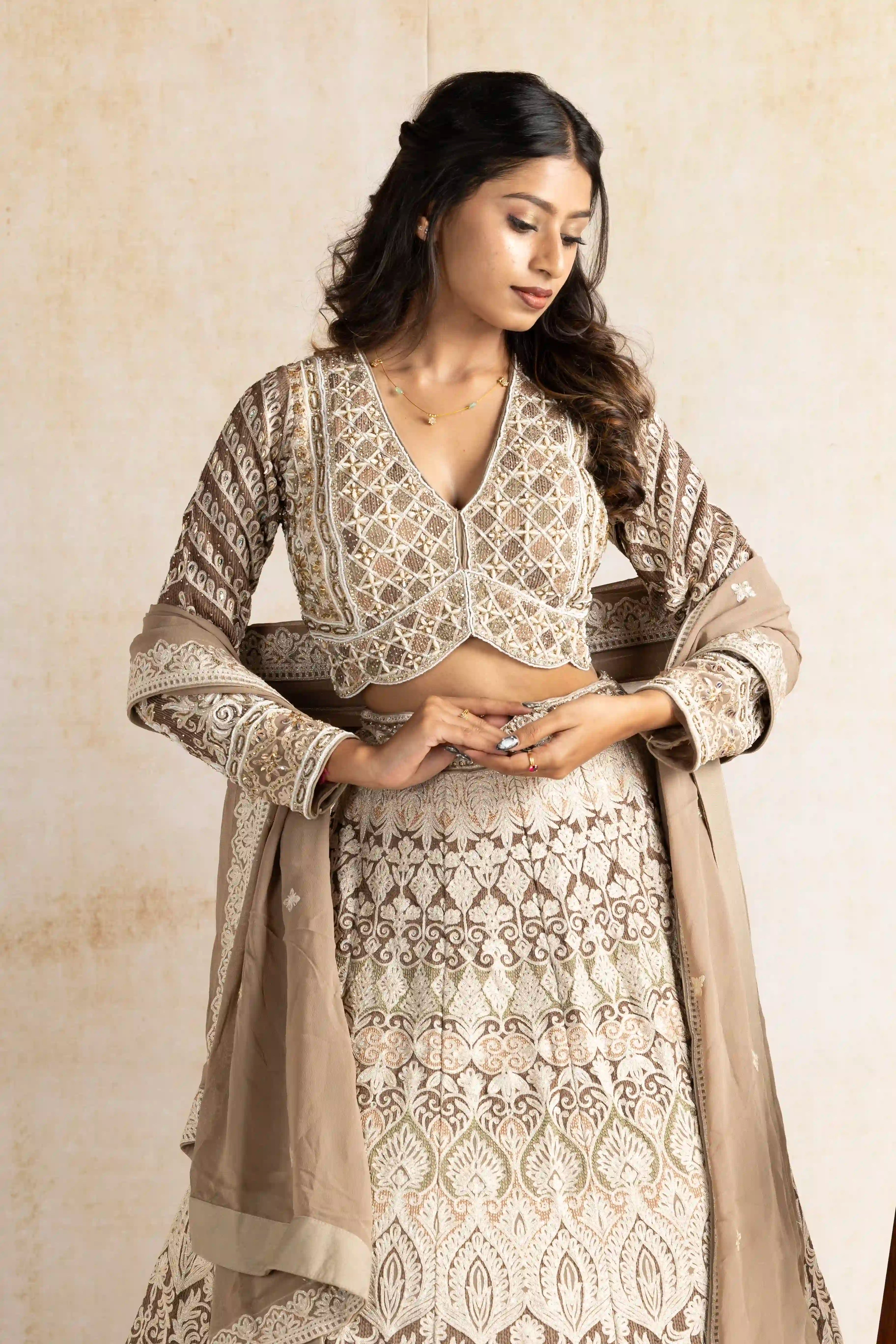 Regal Olive Grey Embroidered Lehenga Set with Elegant Dupatta