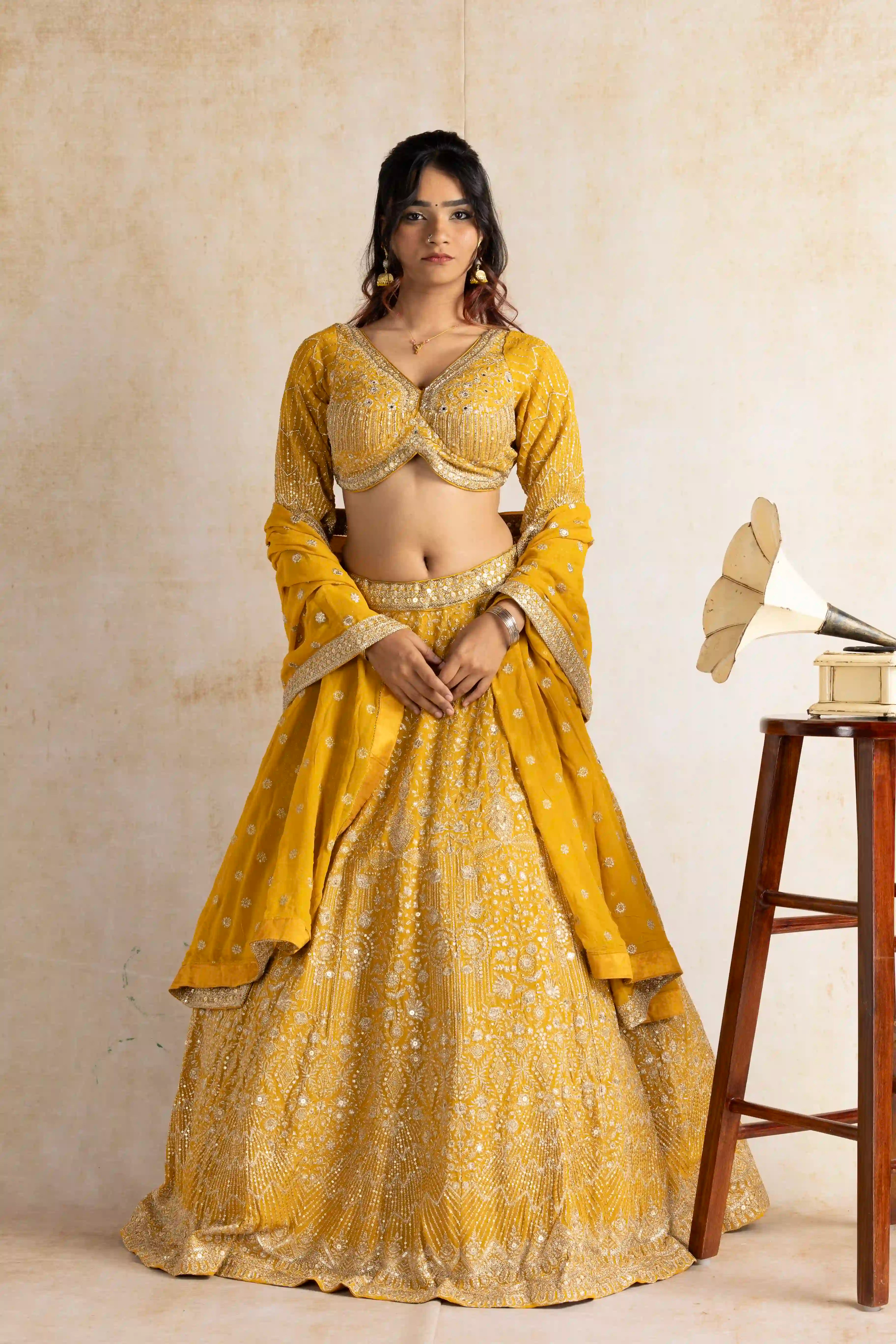 Imperial Mustard Yellow Embroidered Lehenga Set with Elegant Dupatta
