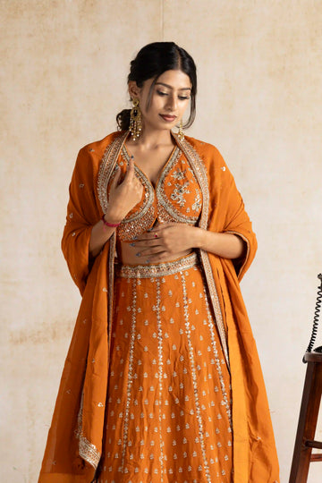 Saffron Orange Zardosi Hand-Embroidered Lehenga Set with Dupatta