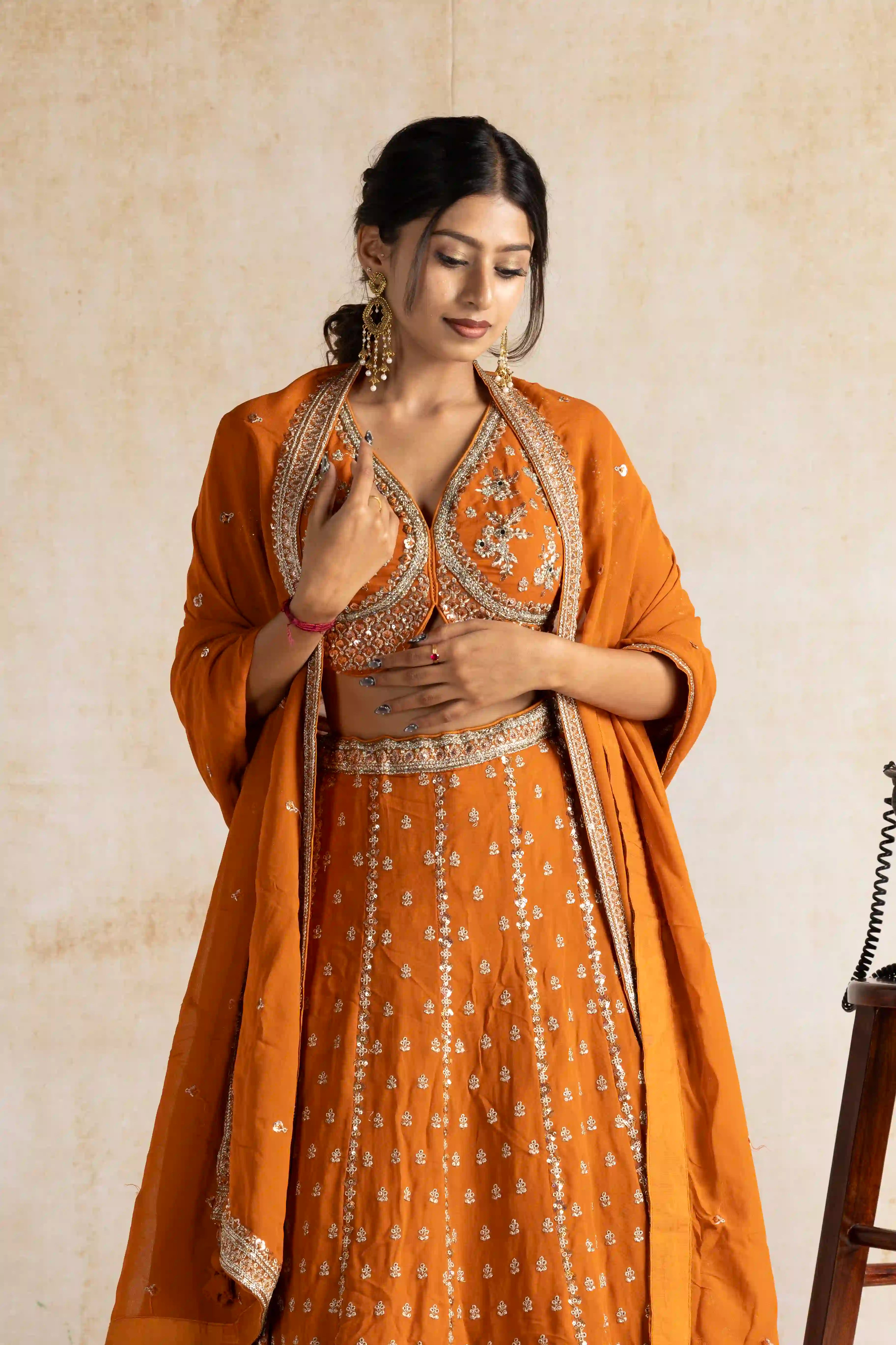 Saffron Orange Zardosi Hand-Embroidered Lehenga Set with Dupatta