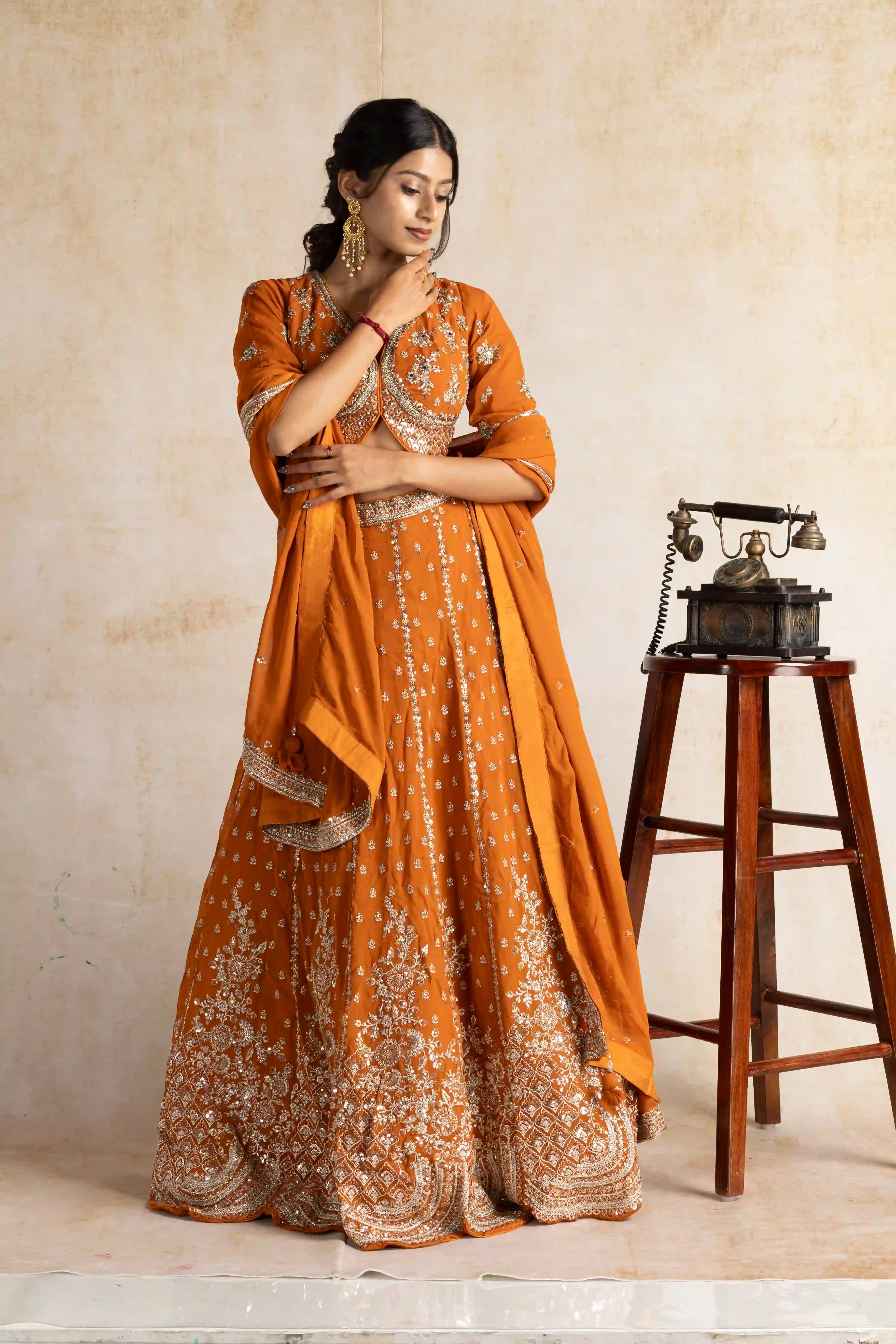 Saffron Orange Zardosi Hand-Embroidered Lehenga Set with Dupatta