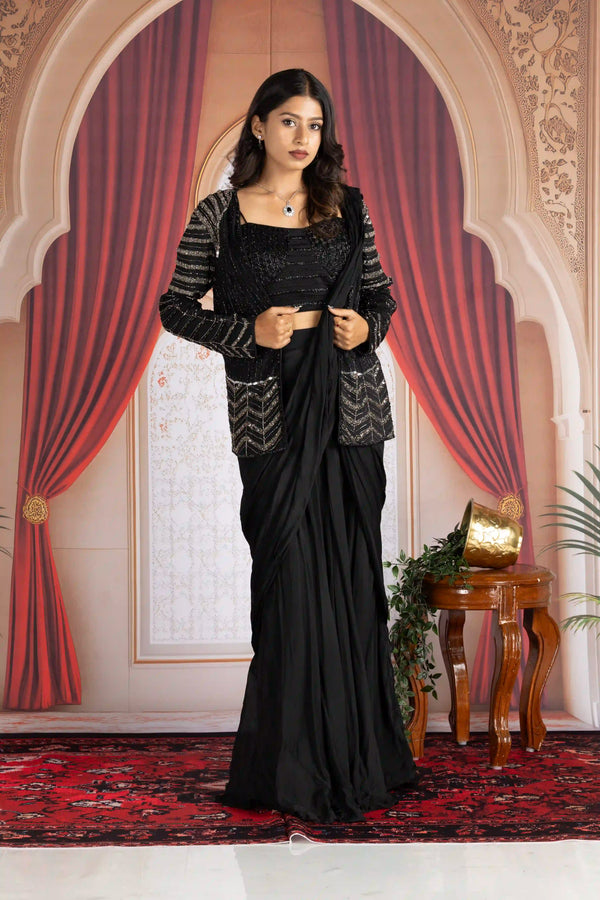 Classic Black Pre-Draped Georgette Saree with Embellished Designer Jacket