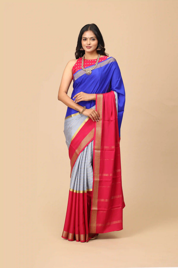 Pure Mysore Silk Saree in Royal Blue with Silver Grey Body, Red Contrast Pallu & Gold Zari Border