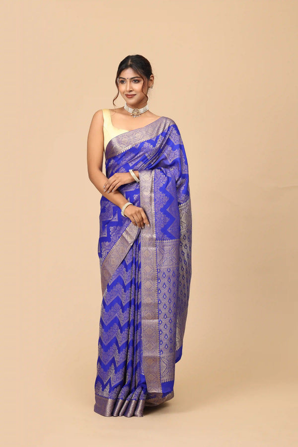 Pure Mysore Silk Saree in Royal Blue with Silver Zari Weave & Traditional Woven Border