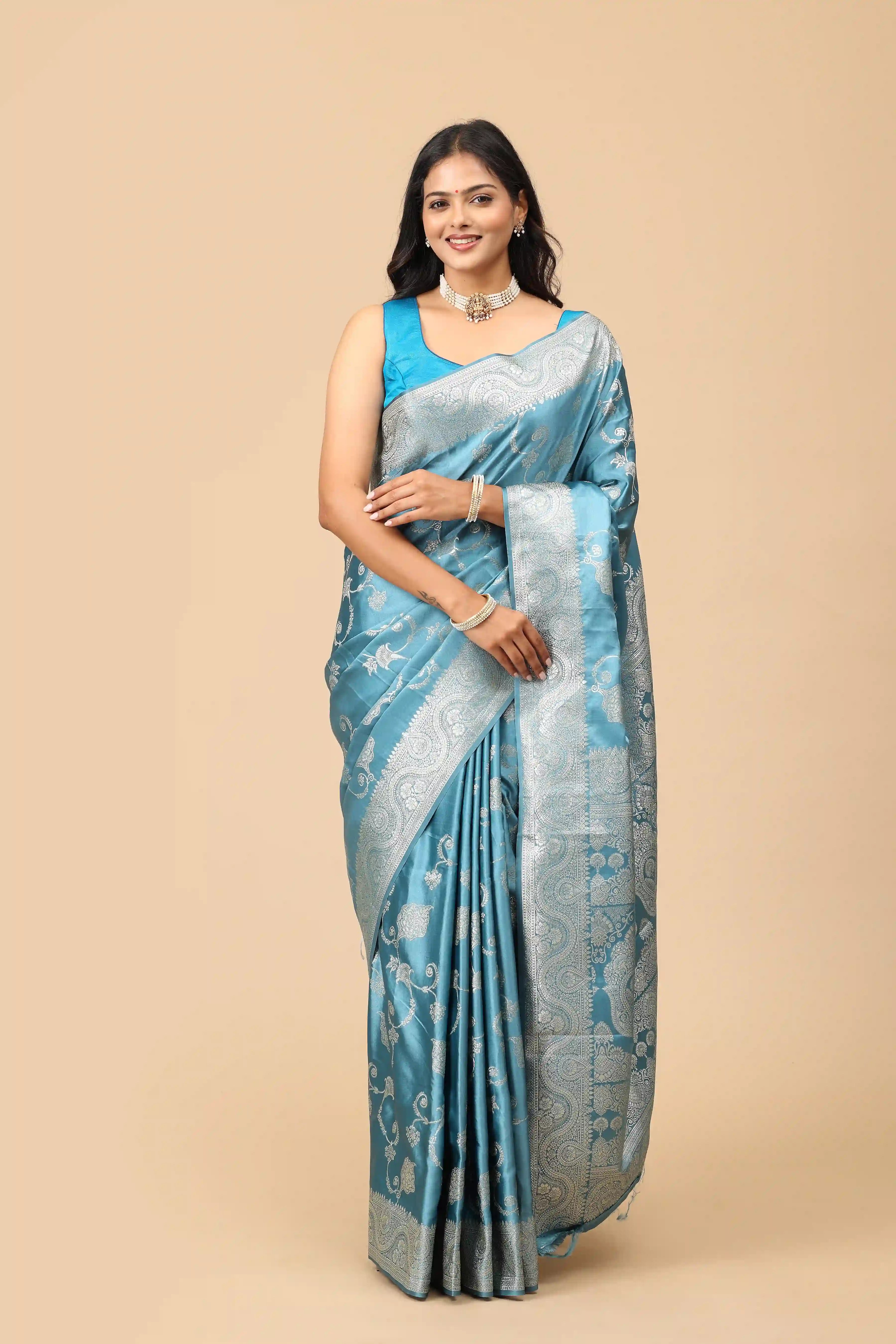 Steel Blue Banarasi Inspired Semi-Silk Saree with Silver Zari Brocade Border and Pallu