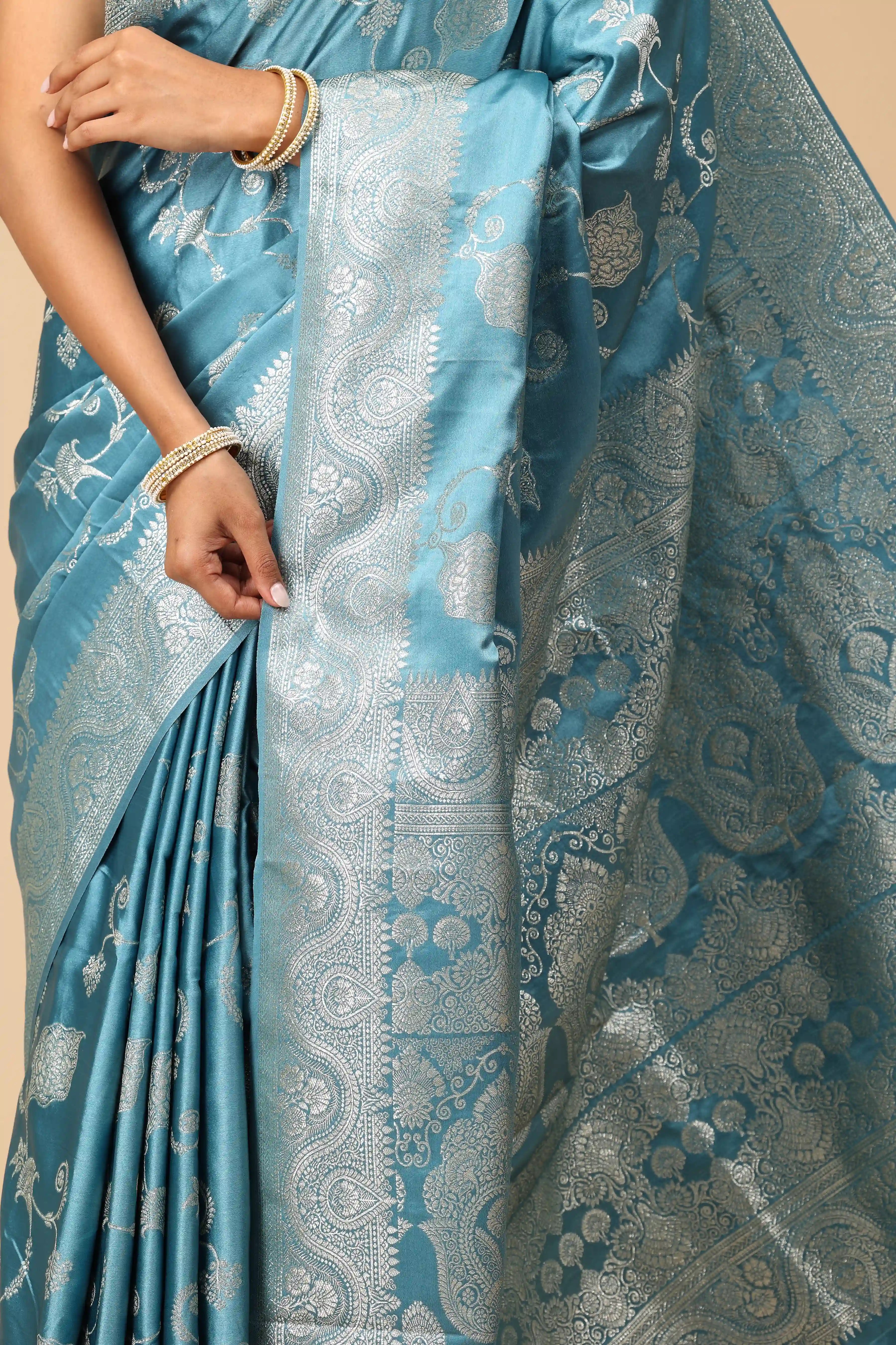 Steel Blue Banarasi Inspired Semi-Silk Saree with Silver Zari Brocade Border and Pallu