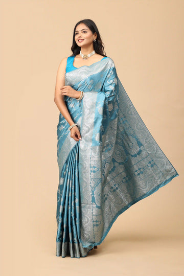 Steel Blue Banarasi Inspired Semi-Silk Saree with Silver Zari Brocade Border and Pallu