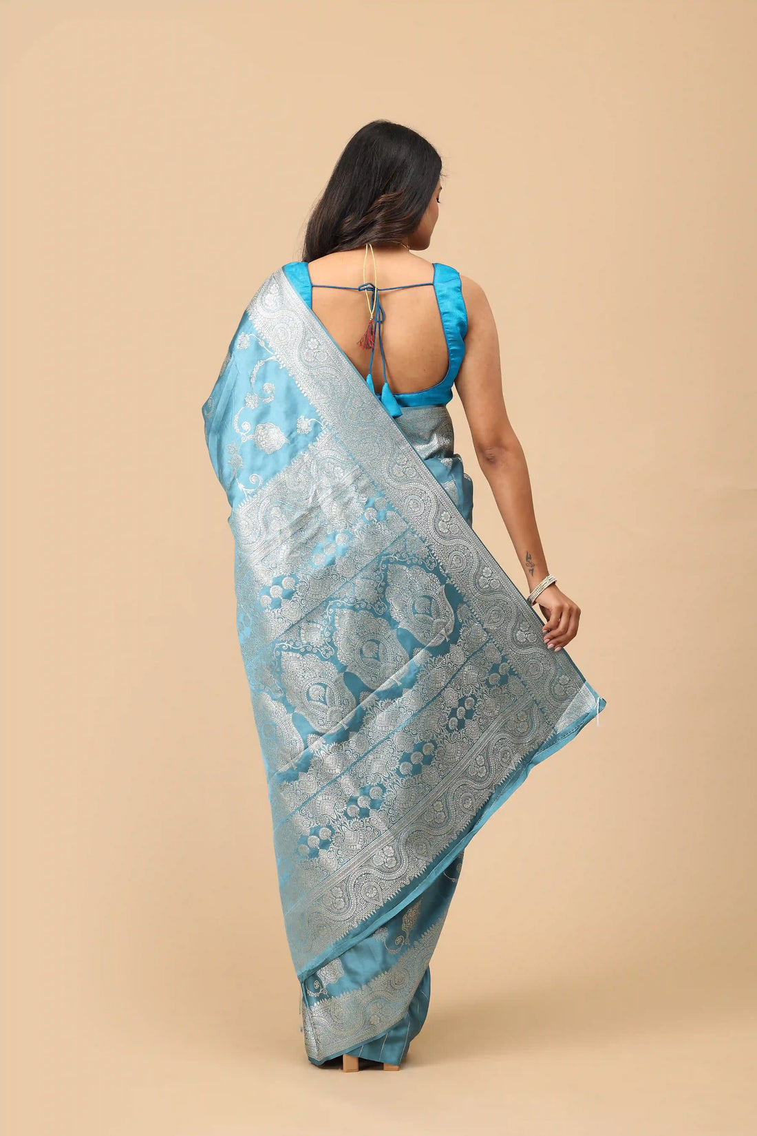 Steel Blue Banarasi Inspired Semi-Silk Saree with Silver Zari Brocade Border and Pallu
