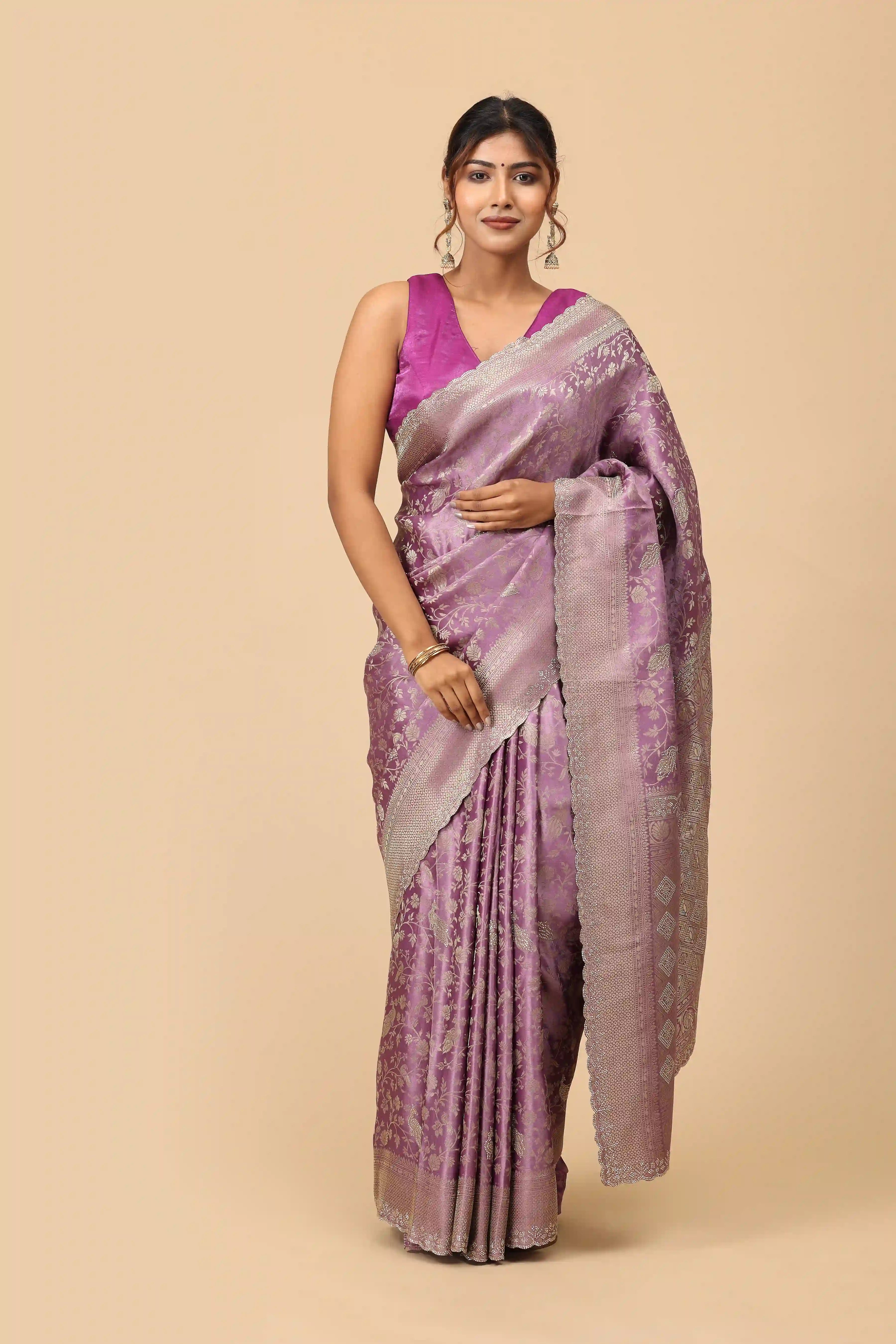 Dusty Mauve Banarasi Inspired Semi-Silk Saree with Antique Gold Zari Border and Brocade Pallu