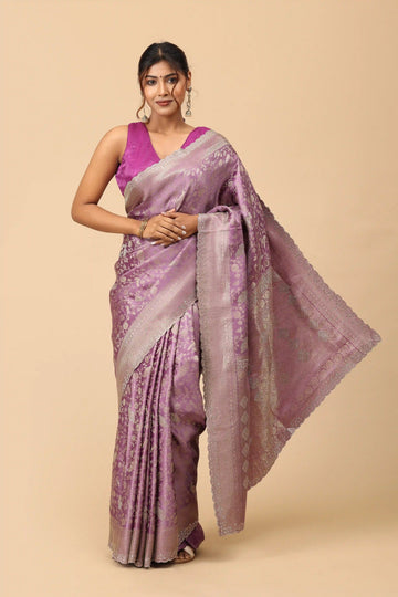 Dusty Mauve Banarasi Inspired Semi-Silk Saree with Antique Gold Zari Border and Brocade Pallu