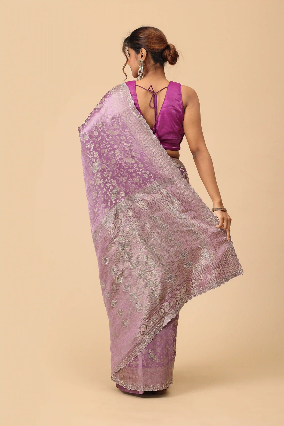Dusty Mauve Banarasi Inspired Semi-Silk Saree with Antique Gold Zari Border and Brocade Pallu