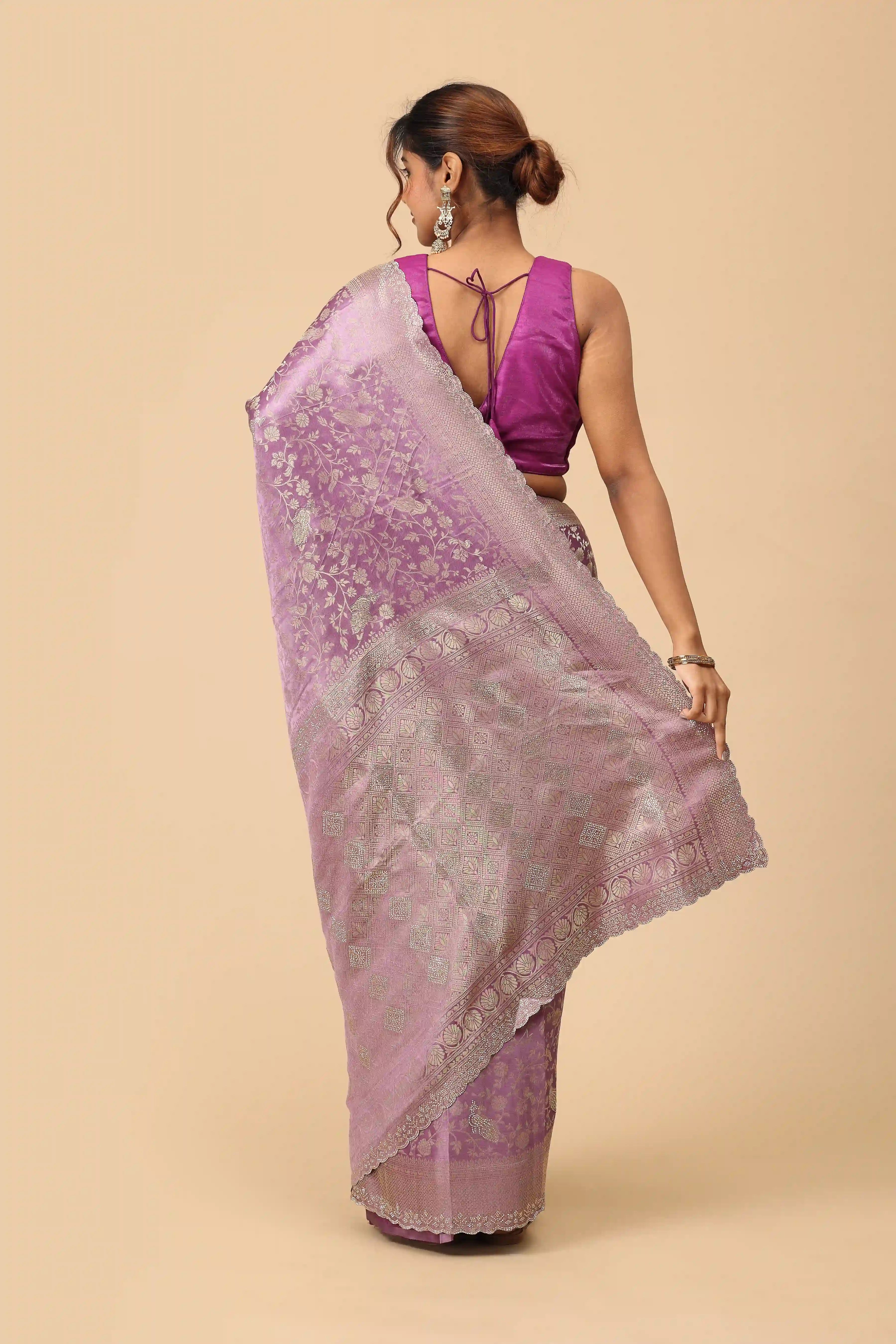 Dusty Mauve Banarasi Inspired Semi-Silk Saree with Antique Gold Zari Border and Brocade Pallu