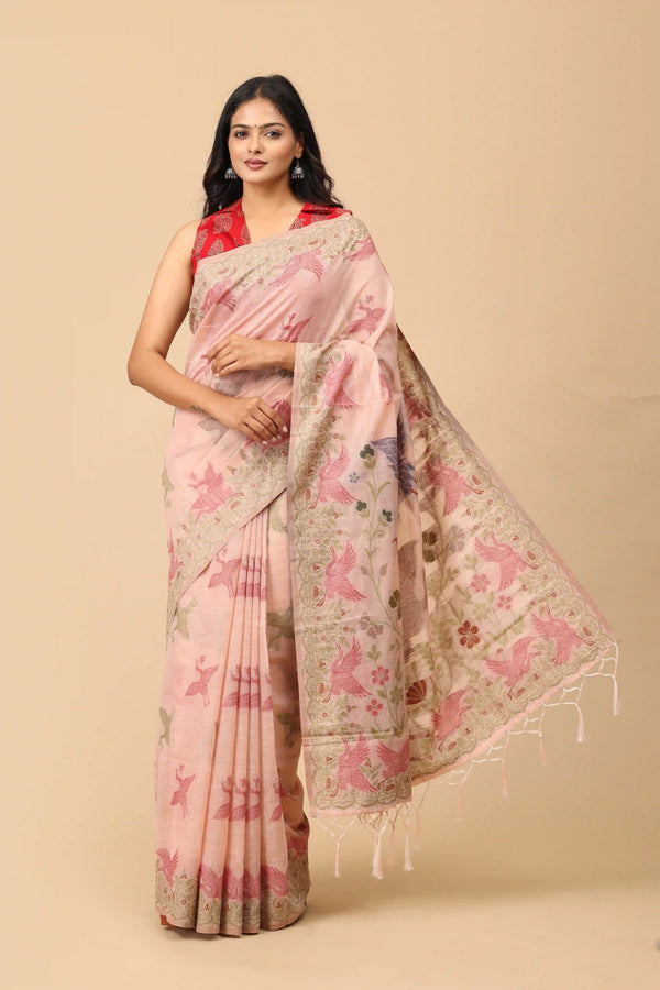Blush Beige Pure Cotton Saree with Kalamkari-Inspired Floral & Bird Print and Ornate Border