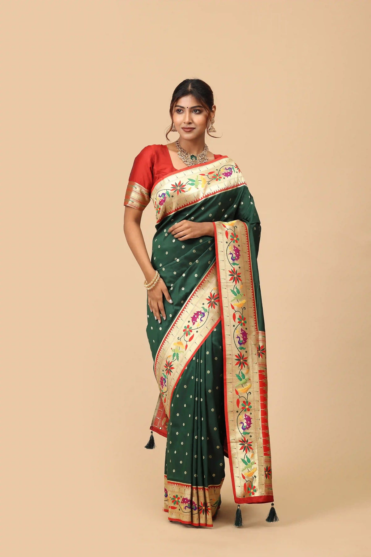 Green Paithani Inspired Semi-Silk Saree with Peacock & Floral Woven Pallu