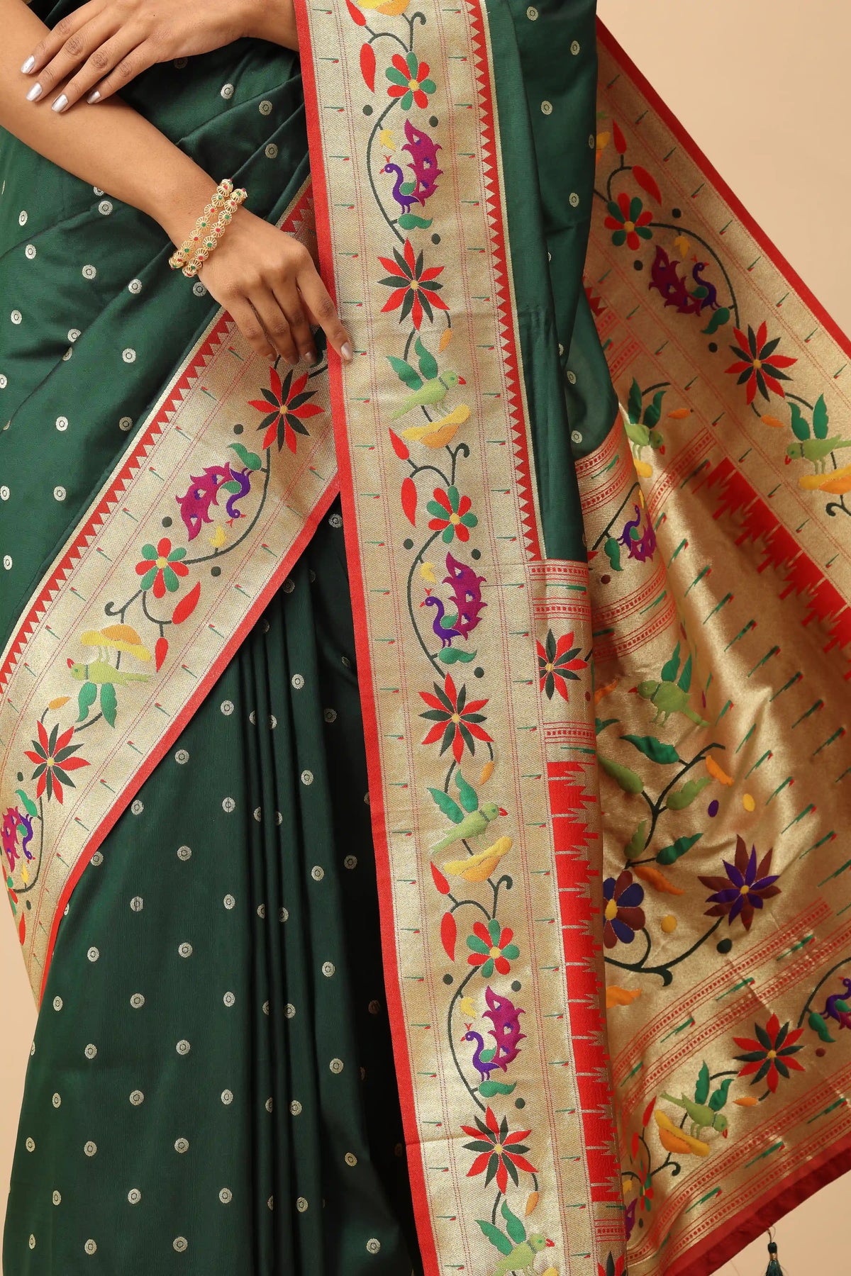 Green Paithani Inspired Semi-Silk Saree with Peacock & Floral Woven Pallu