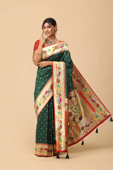 Green Paithani Inspired Semi-Silk Saree with Peacock & Floral Woven Pallu