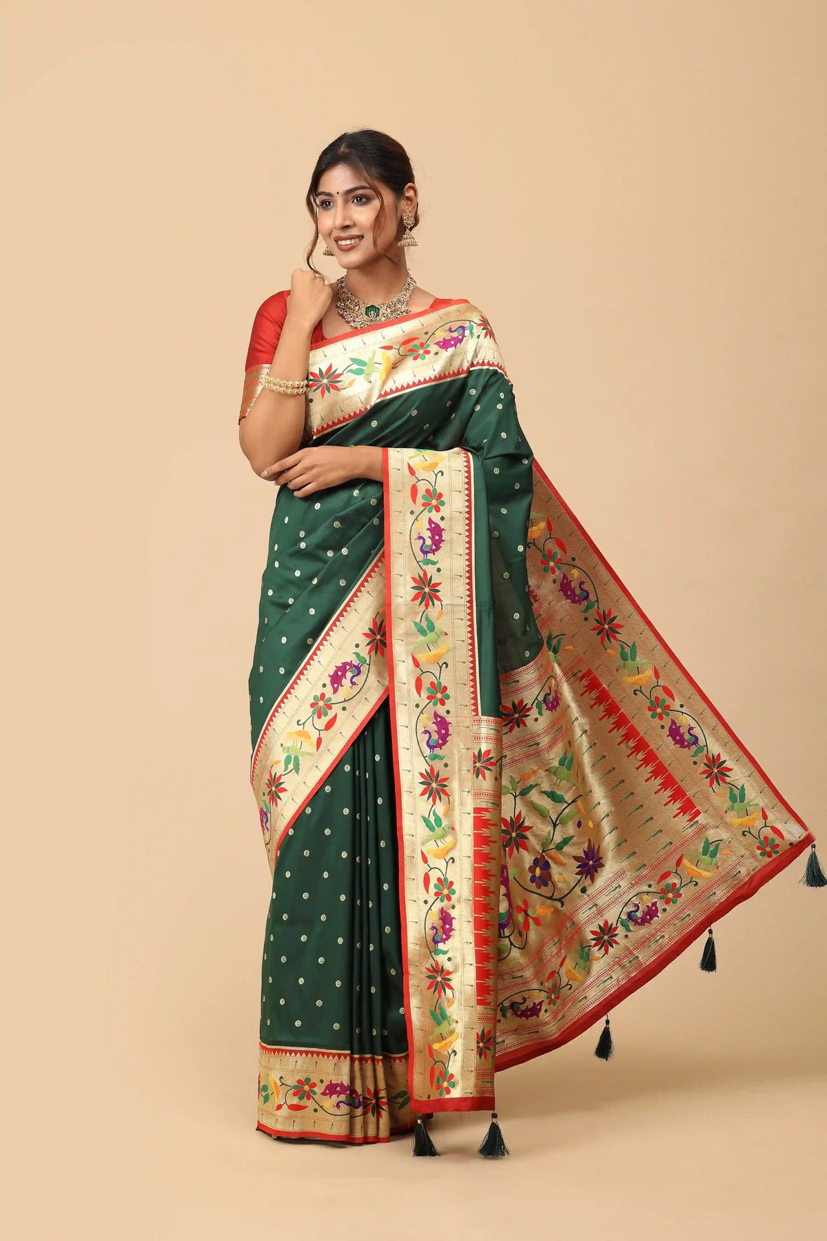 Green Paithani Inspired Semi-Silk Saree with Peacock & Floral Woven Pallu
