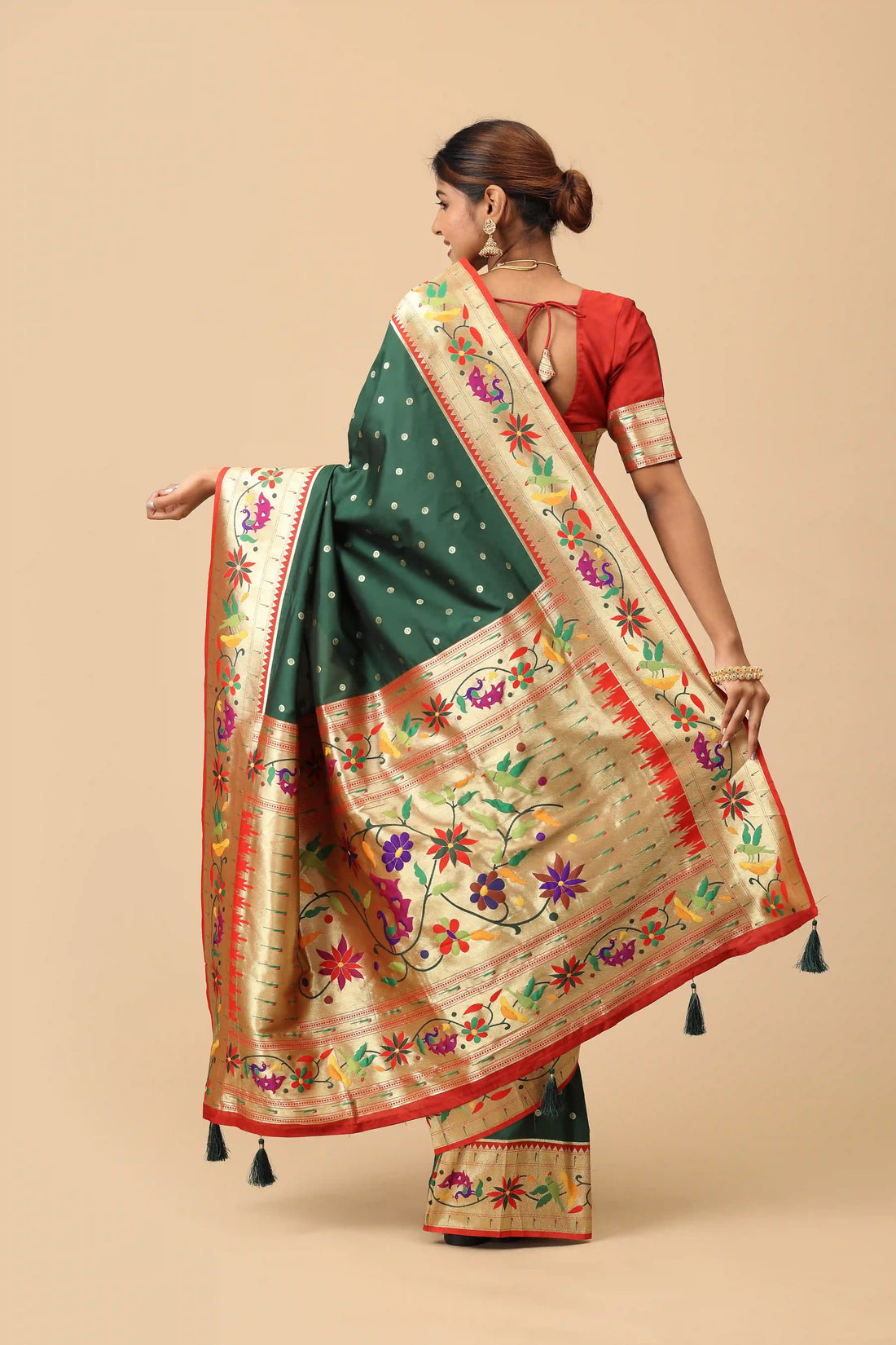 Green Paithani Inspired Semi-Silk Saree with Peacock & Floral Woven Pallu