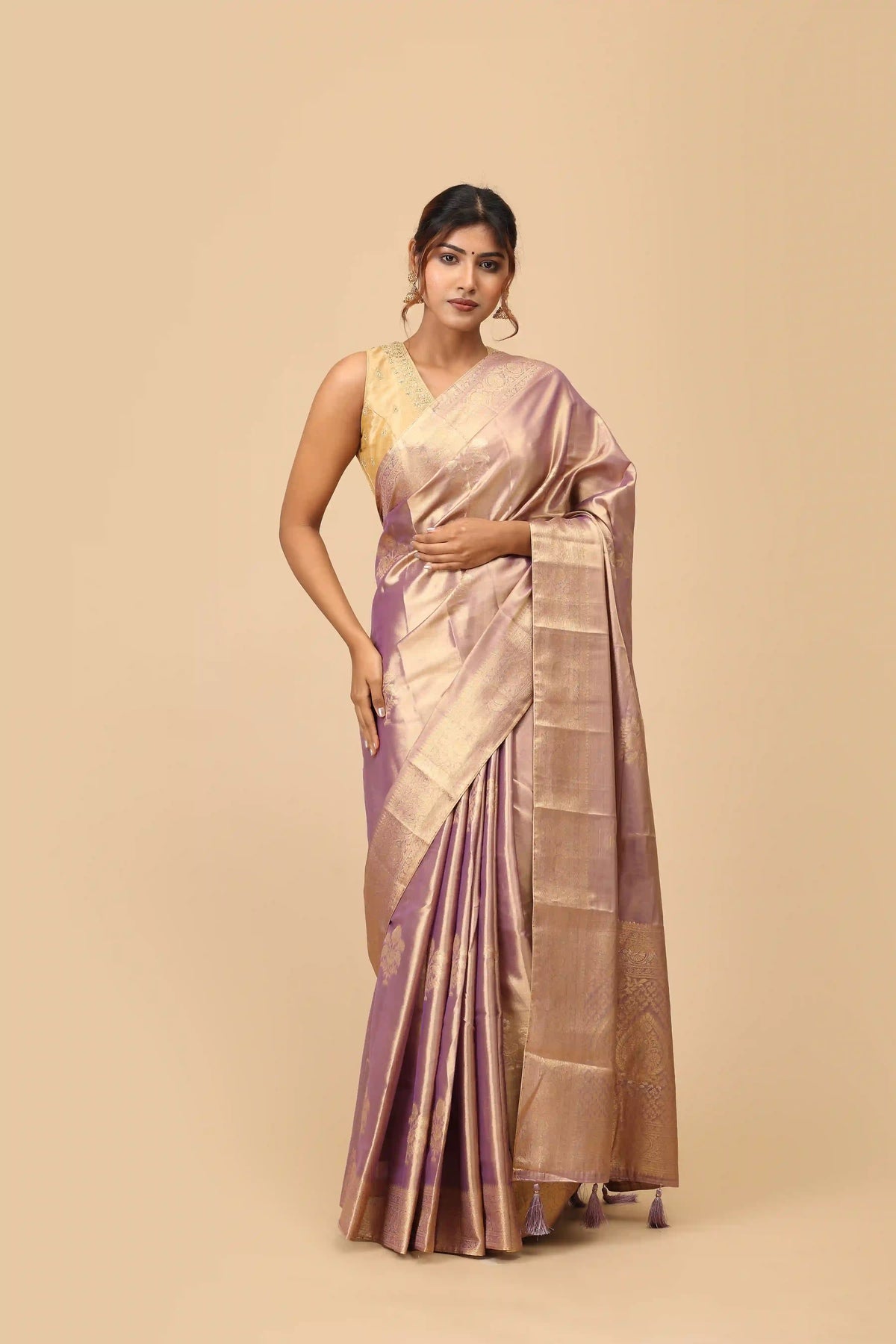 Blush Mauve Soft Silk Tissue Saree with Gold Zari Brocade Border & Elegant Woven Pallu