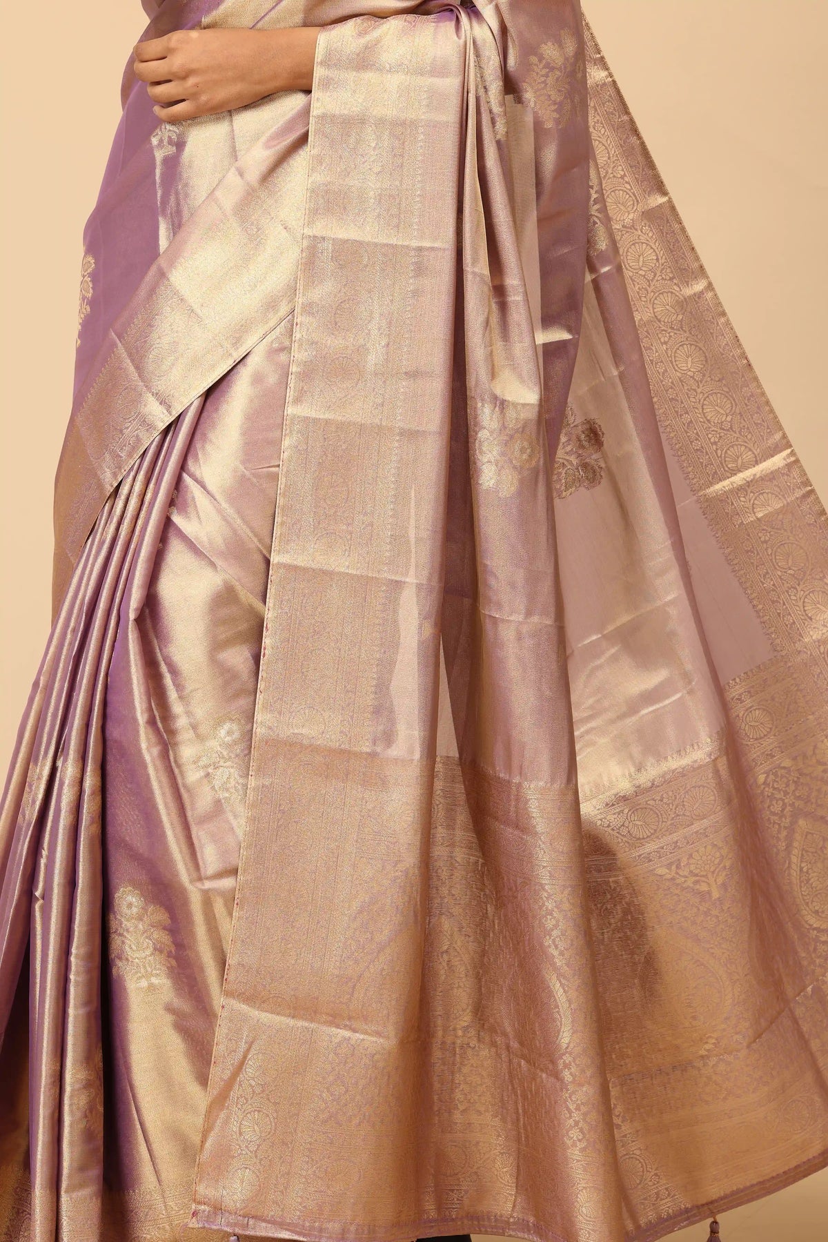 Blush Mauve Soft Silk Tissue Saree with Gold Zari Brocade Border & Elegant Woven Pallu