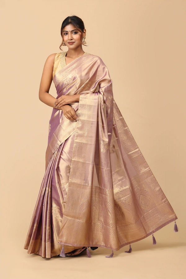 Blush Mauve Soft Silk Tissue Saree with Gold Zari Brocade Border & Elegant Woven Pallu