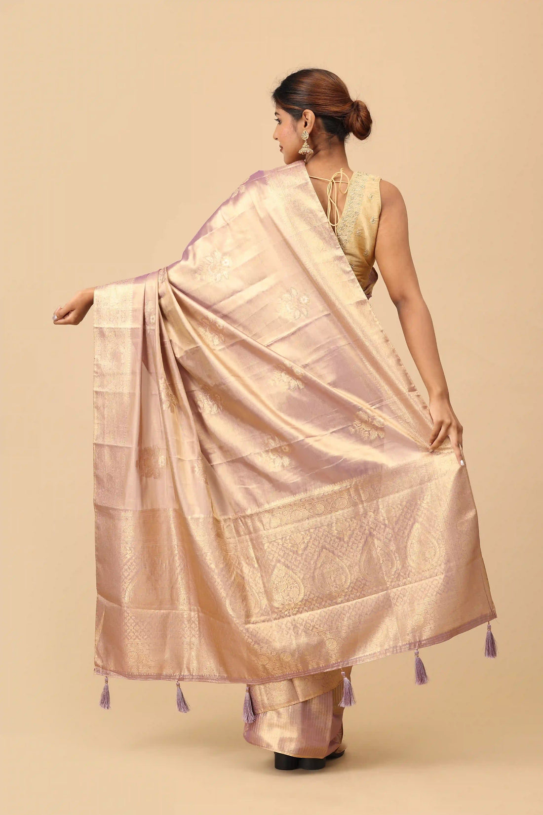 Blush Mauve Soft Silk Tissue Saree with Gold Zari Brocade Border & Elegant Woven Pallu