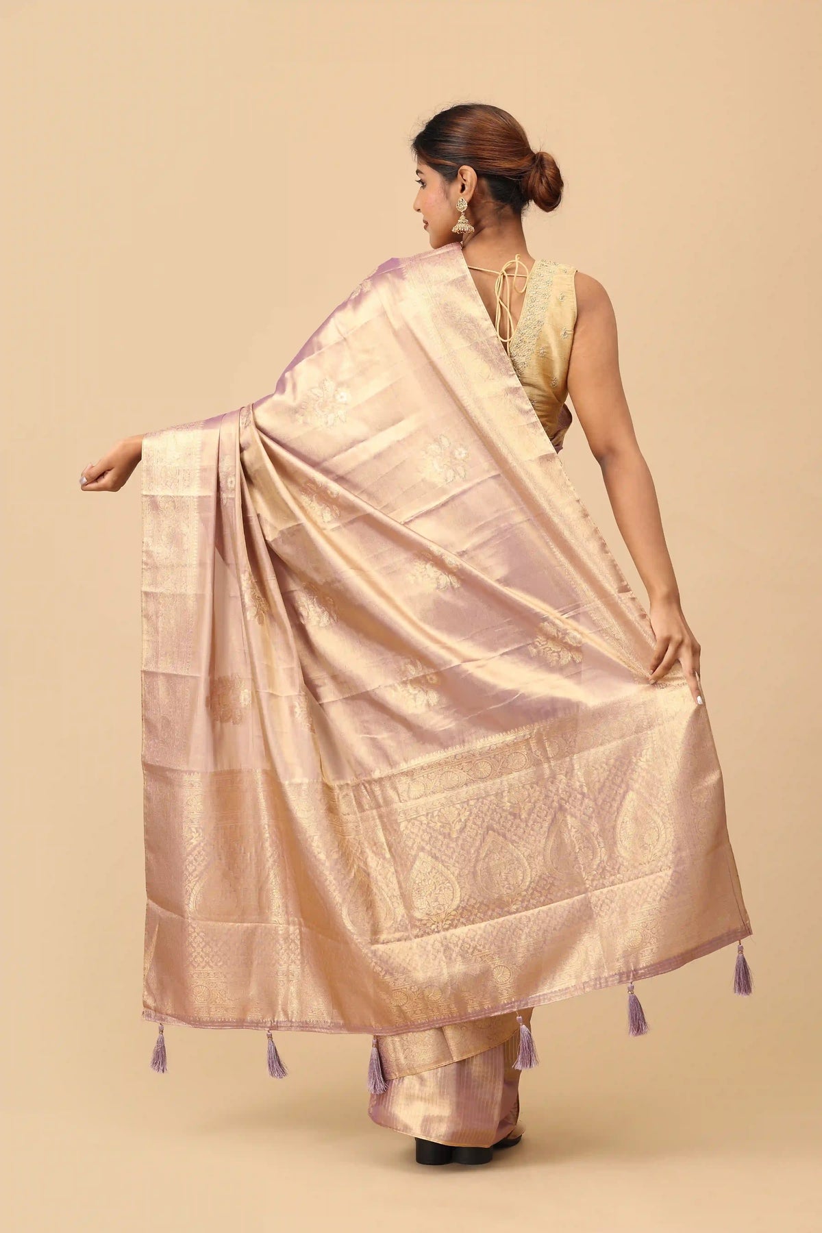 Blush Mauve Soft Silk Tissue Saree with Gold Zari Brocade Border & Elegant Woven Pallu