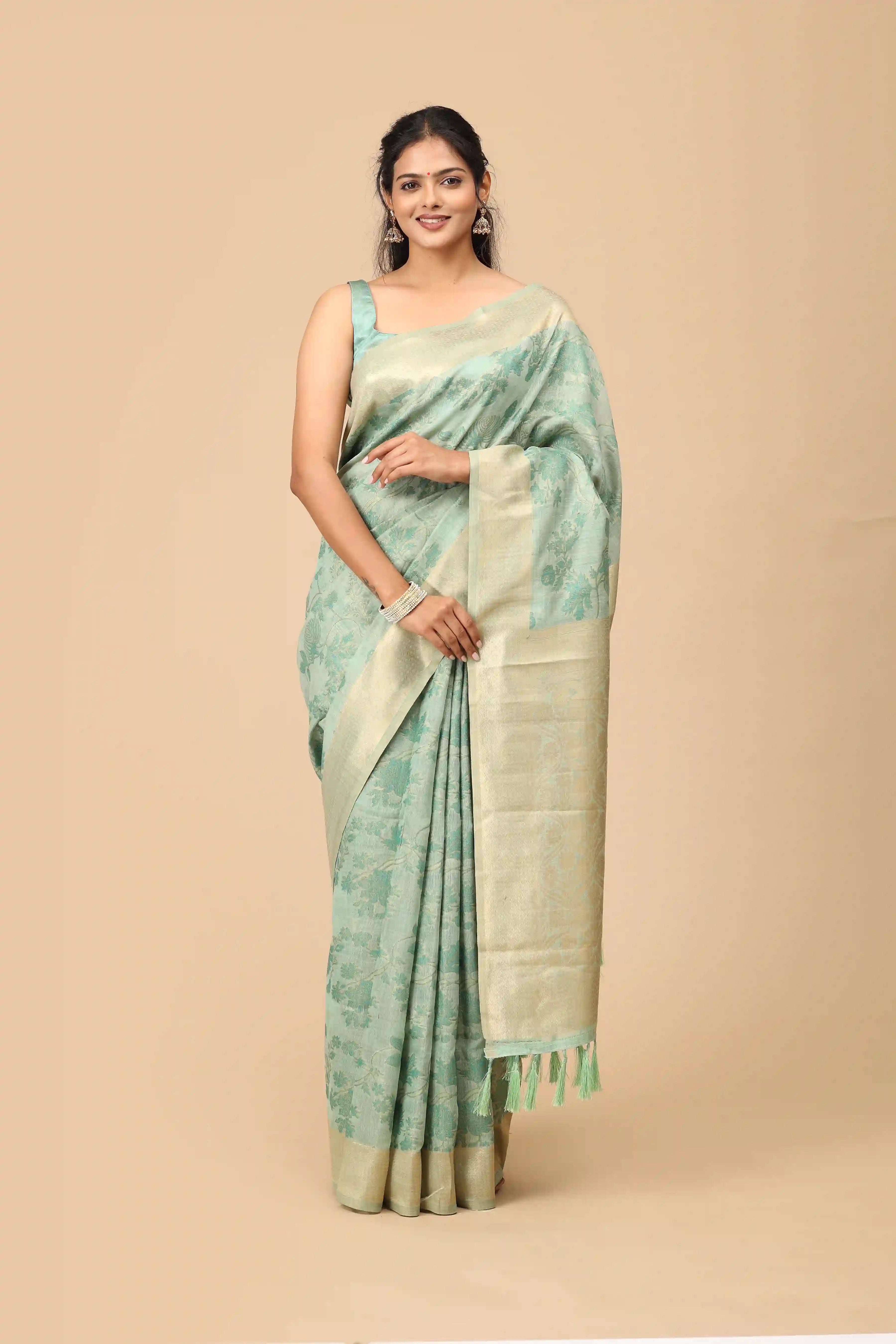 Mint Green Pure Cotton Saree with Zari Border, Tonal Floral Weave & Tassel Pallu