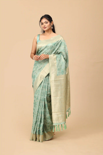 Mint Green Pure Cotton Saree with Zari Border, Tonal Floral Weave & Tassel Pallu