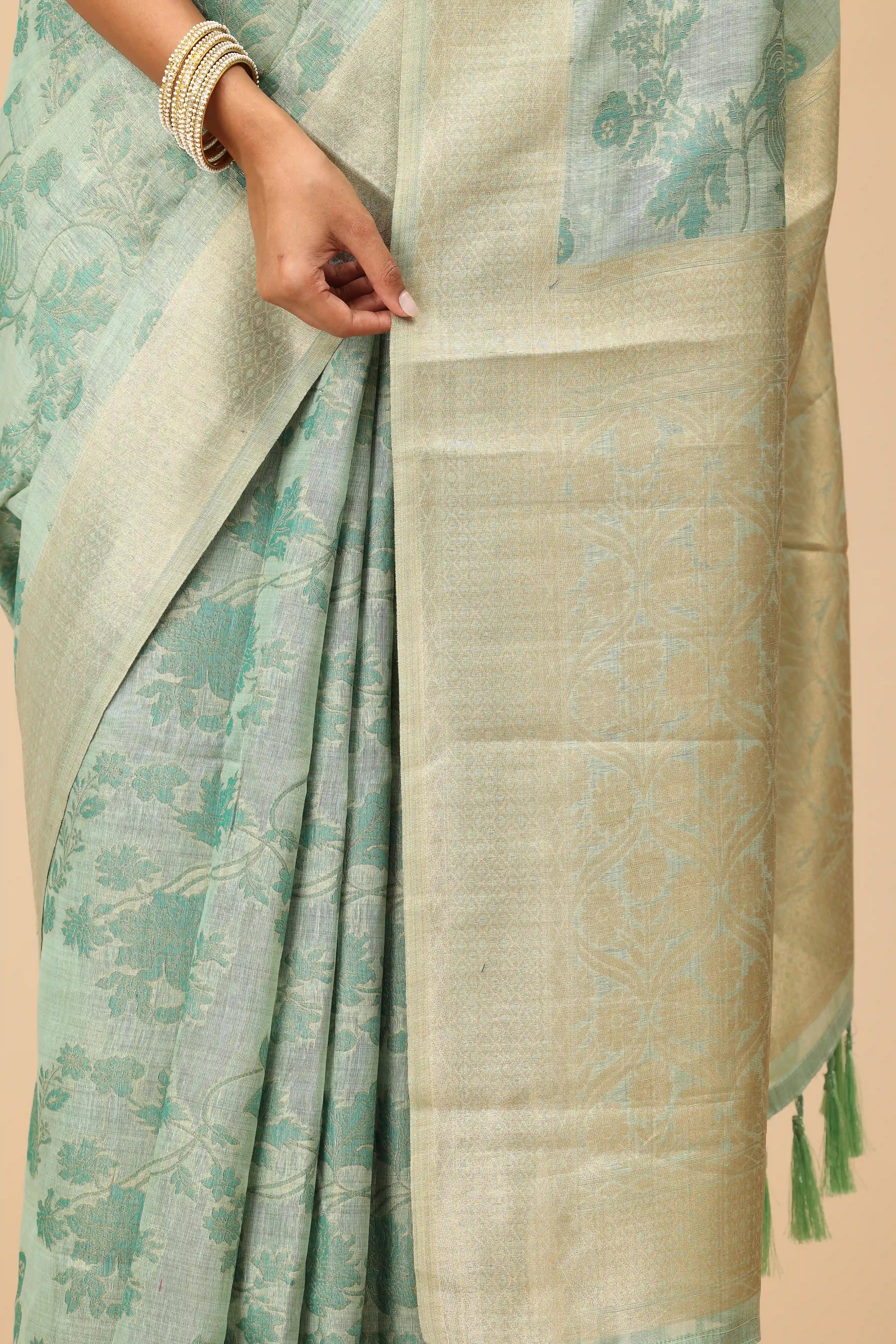 Mint Green Pure Cotton Saree with Zari Border, Tonal Floral Weave & Tassel Pallu