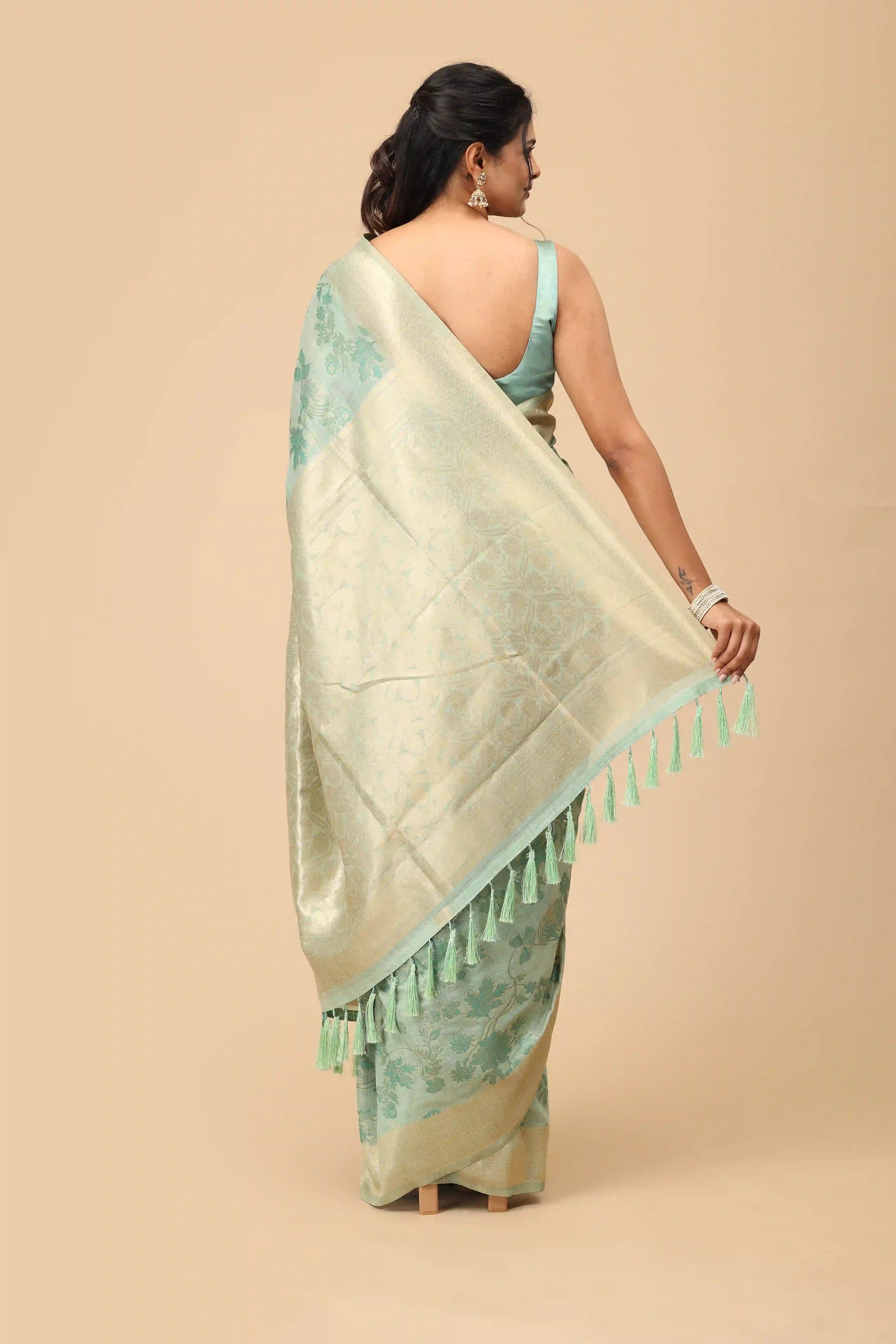 Mint Green Pure Cotton Saree with Zari Border, Tonal Floral Weave & Tassel Pallu