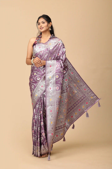 Orchid Lavender Banarasi Inspired Semi-Silk Saree with Silver Zari Brocade Border and Floral Pallu
