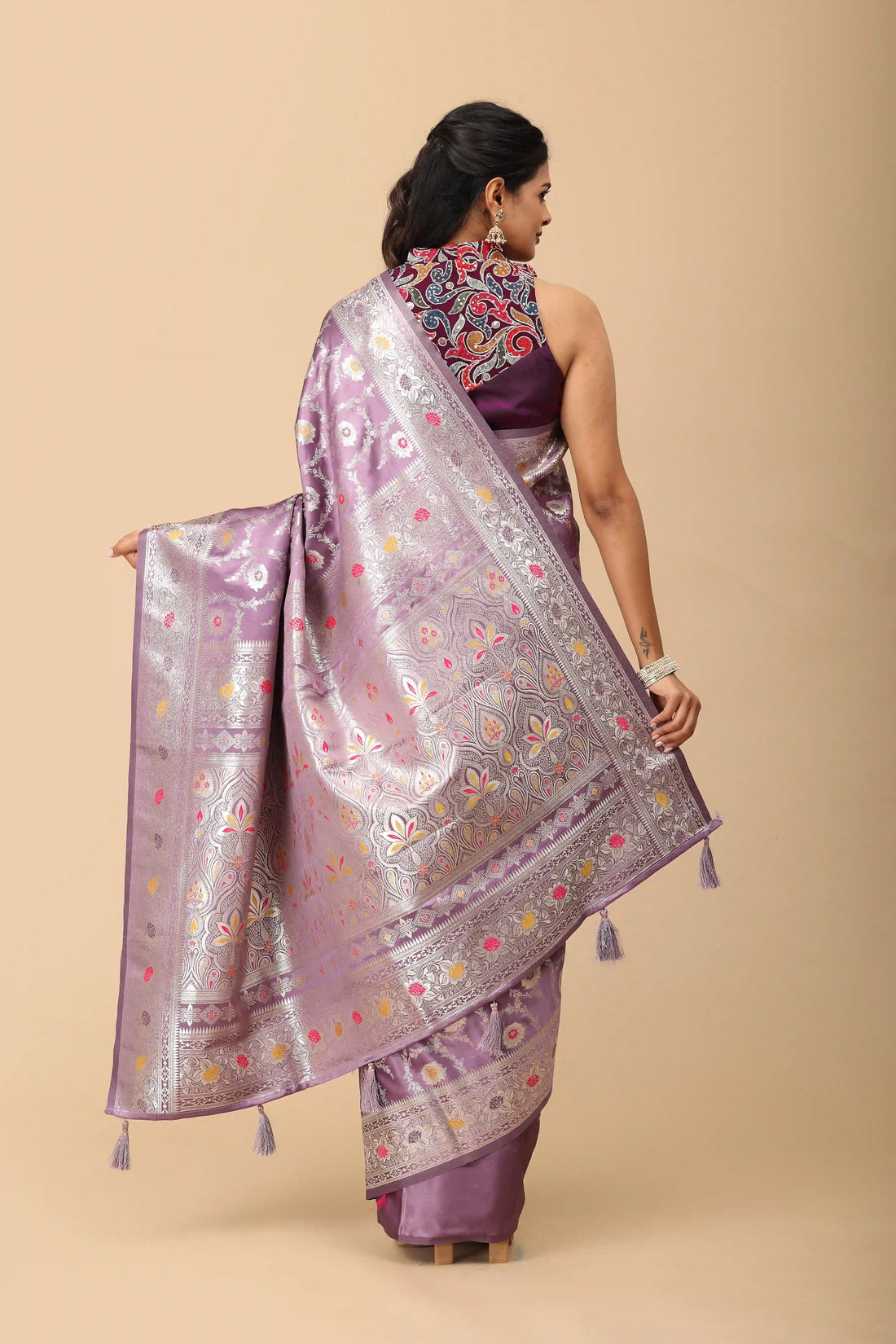 Orchid Lavender Banarasi Inspired Semi-Silk Saree with Silver Zari Brocade Border and Floral Pallu