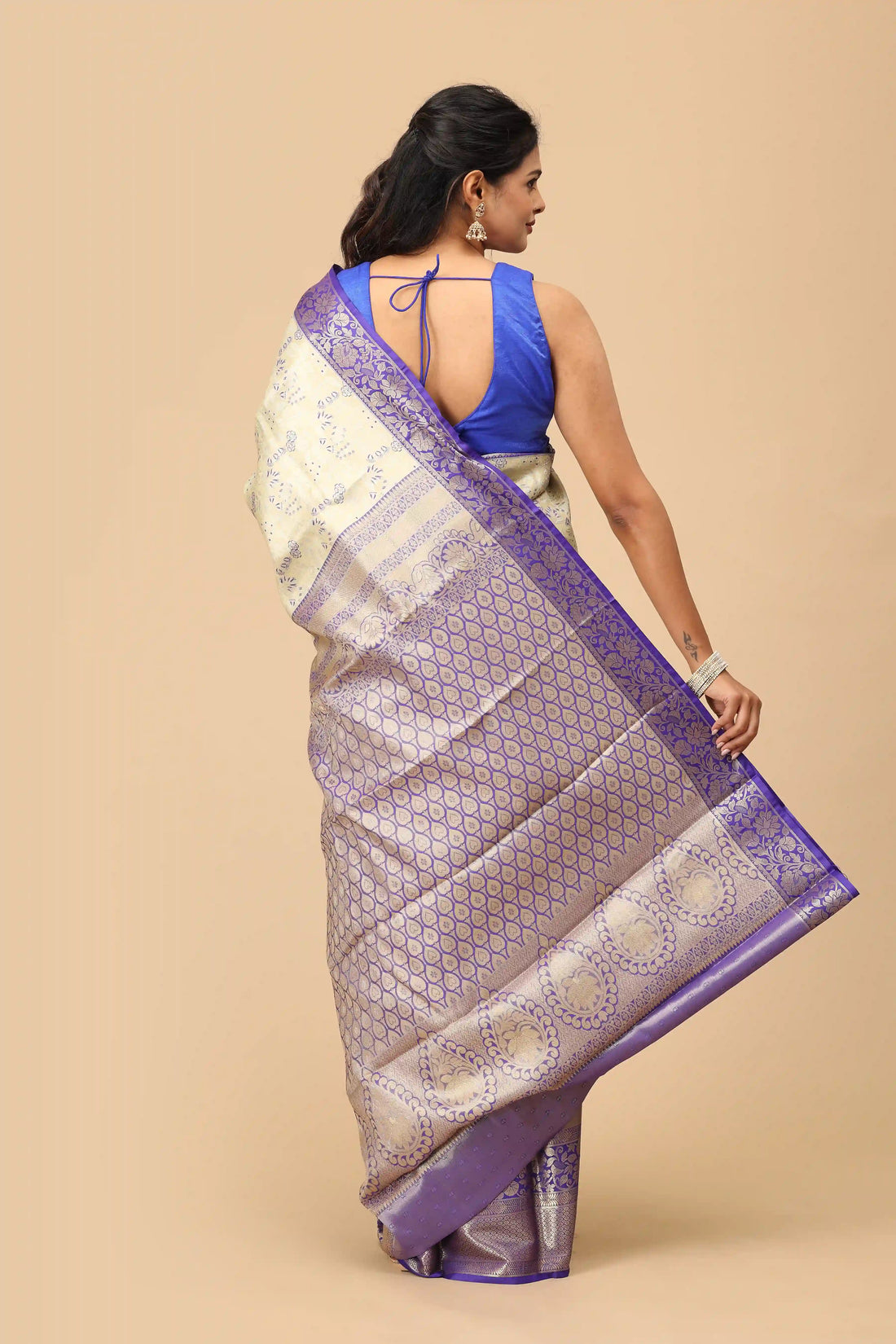 Ivory Cream Kanchi Inspired Semi-Silk Saree with Royal Violet Zari Border and Brocade Pallu