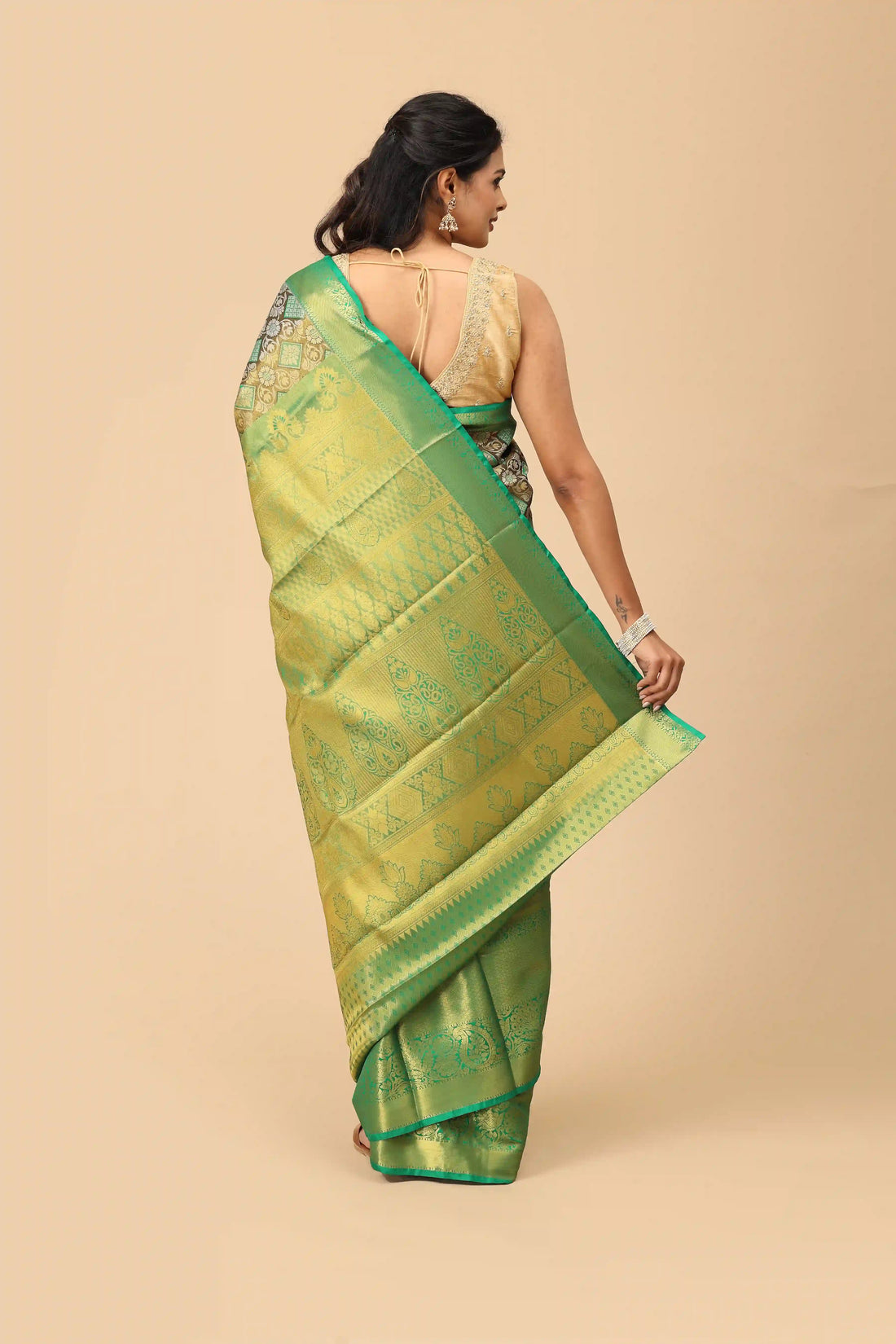Olive Green Kanchi Inspired Semi-Silk Saree with Emerald Zari Border and Traditional Brocade Pallu