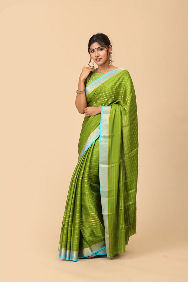Pure Mysore Silk Saree in Leaf Green with Sky Blue Border & Subtle Gold Zari Stripes