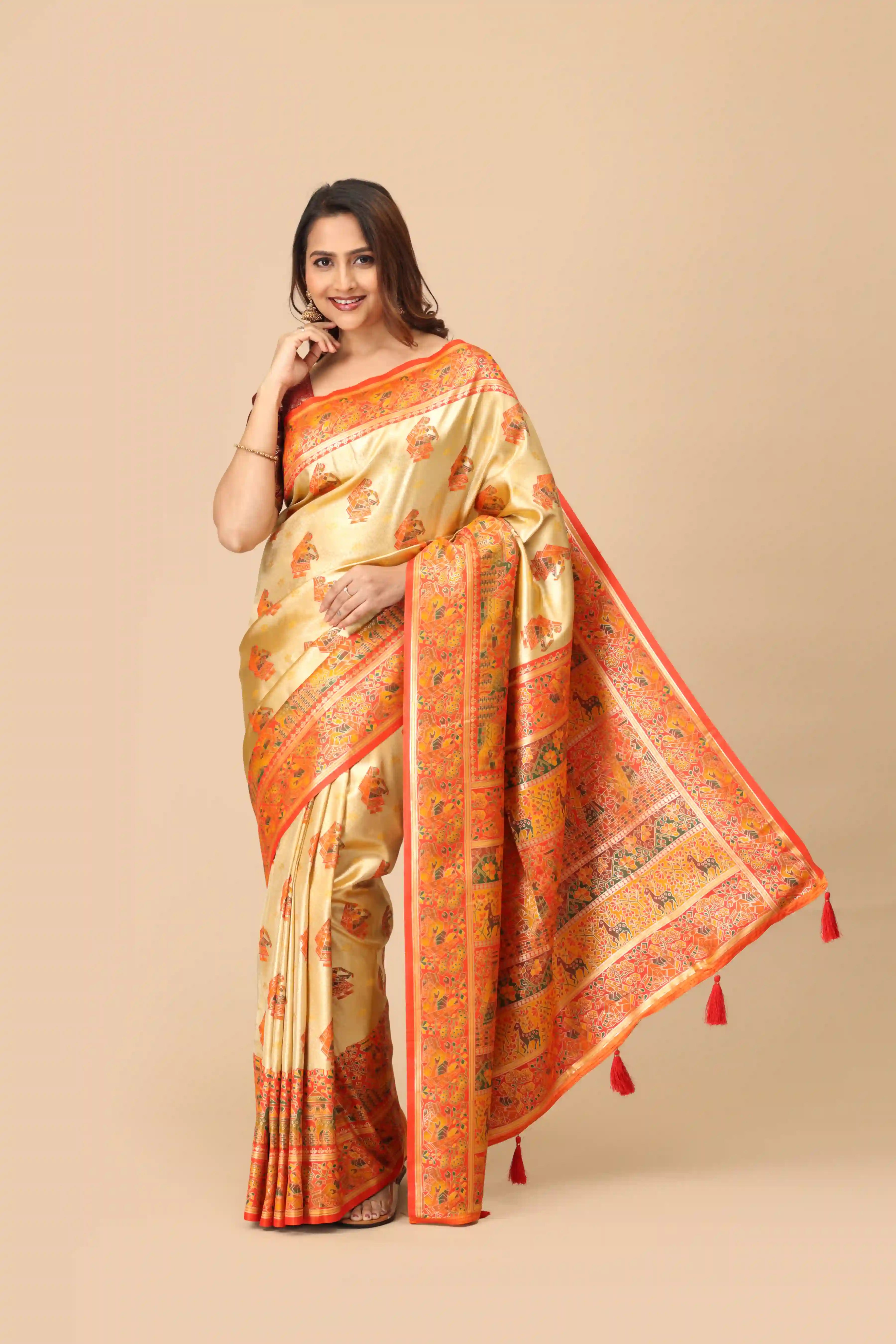 Saffron Orange Narrative Panel Border Champagne Gold Base Madhubani Inspired Semi-Silk Saree