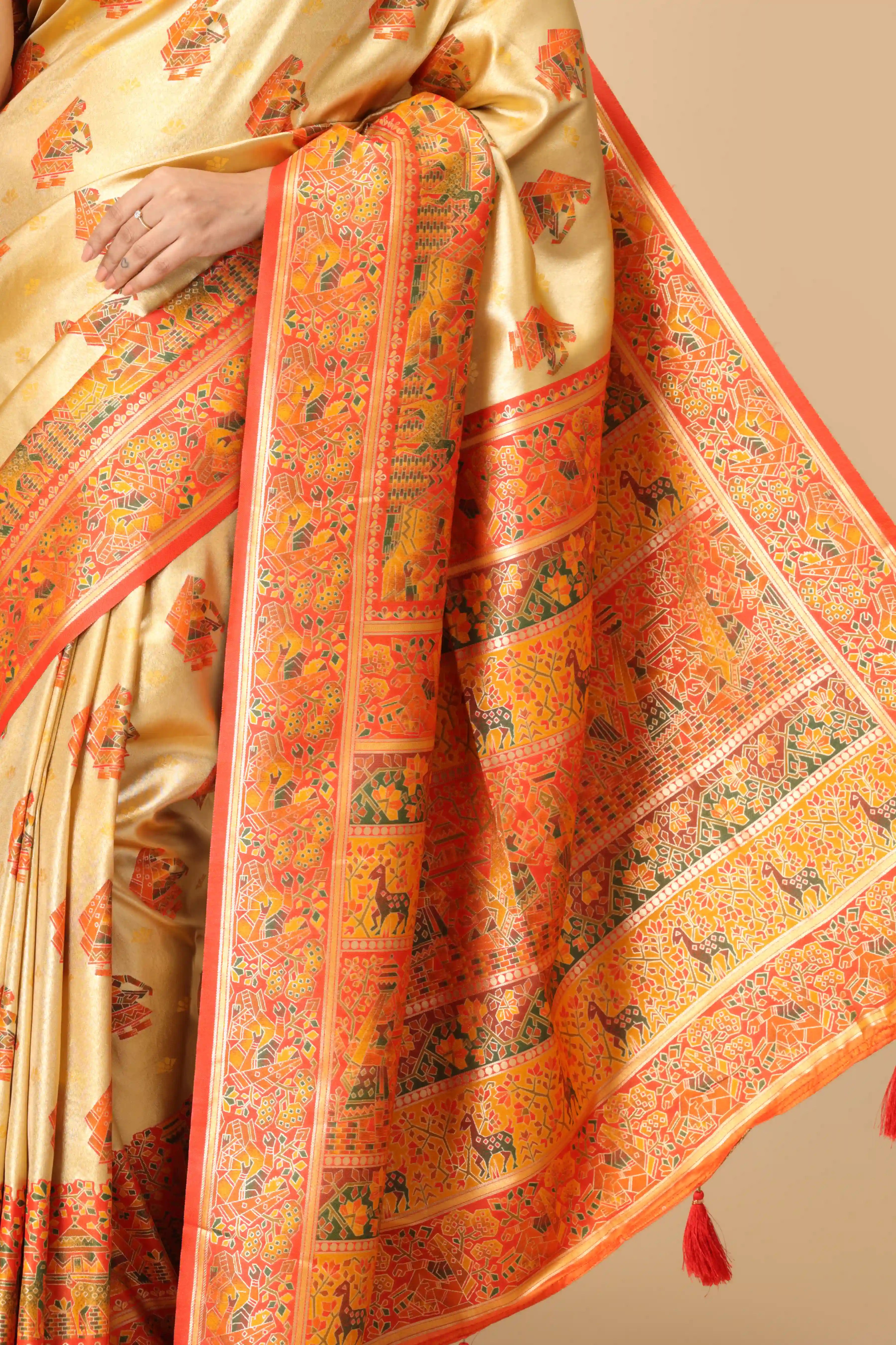 Saffron Orange Narrative Panel Border Champagne Gold Base Madhubani Inspired Semi-Silk Saree