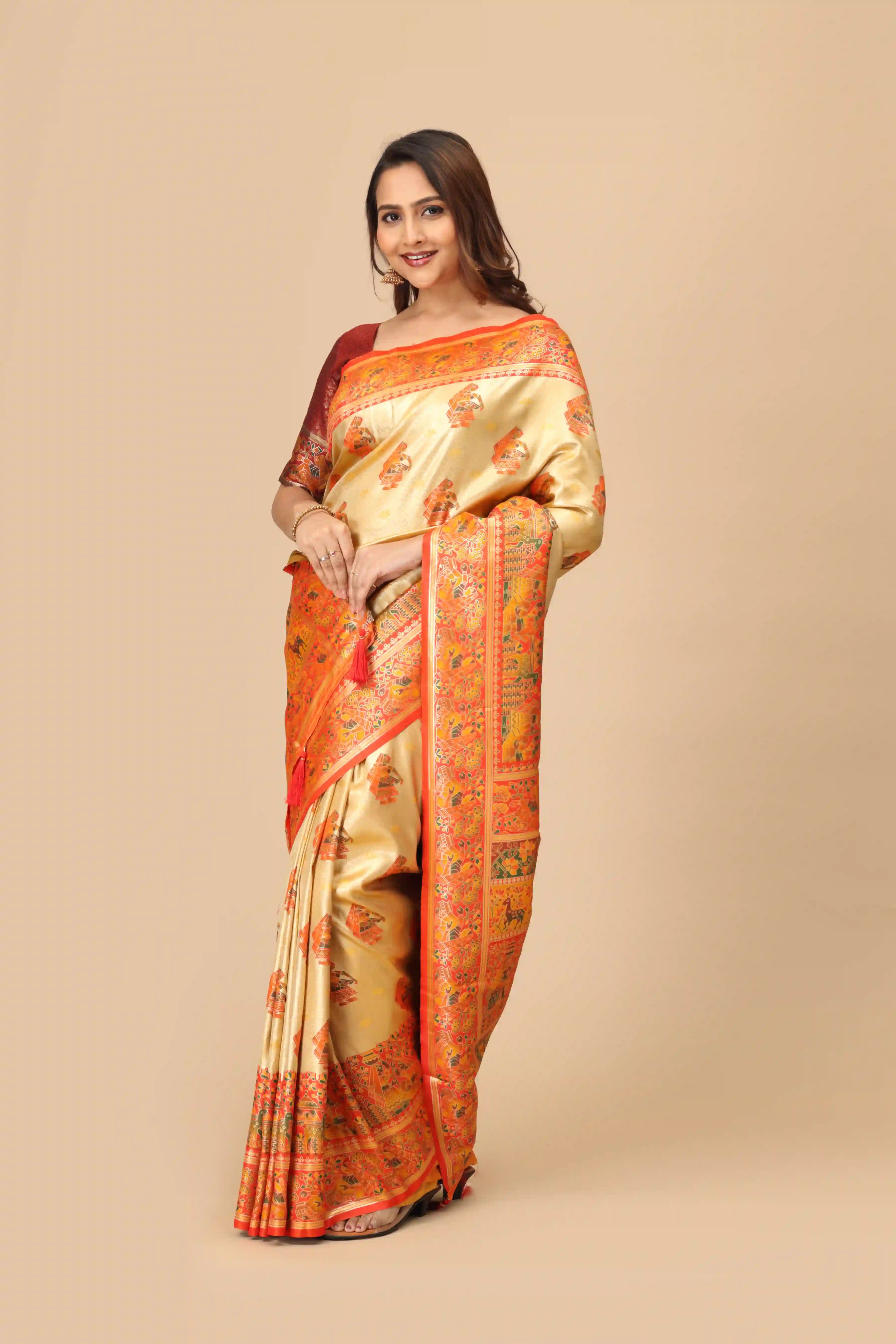 Saffron Orange Narrative Panel Border Champagne Gold Base Madhubani Inspired Semi-Silk Saree