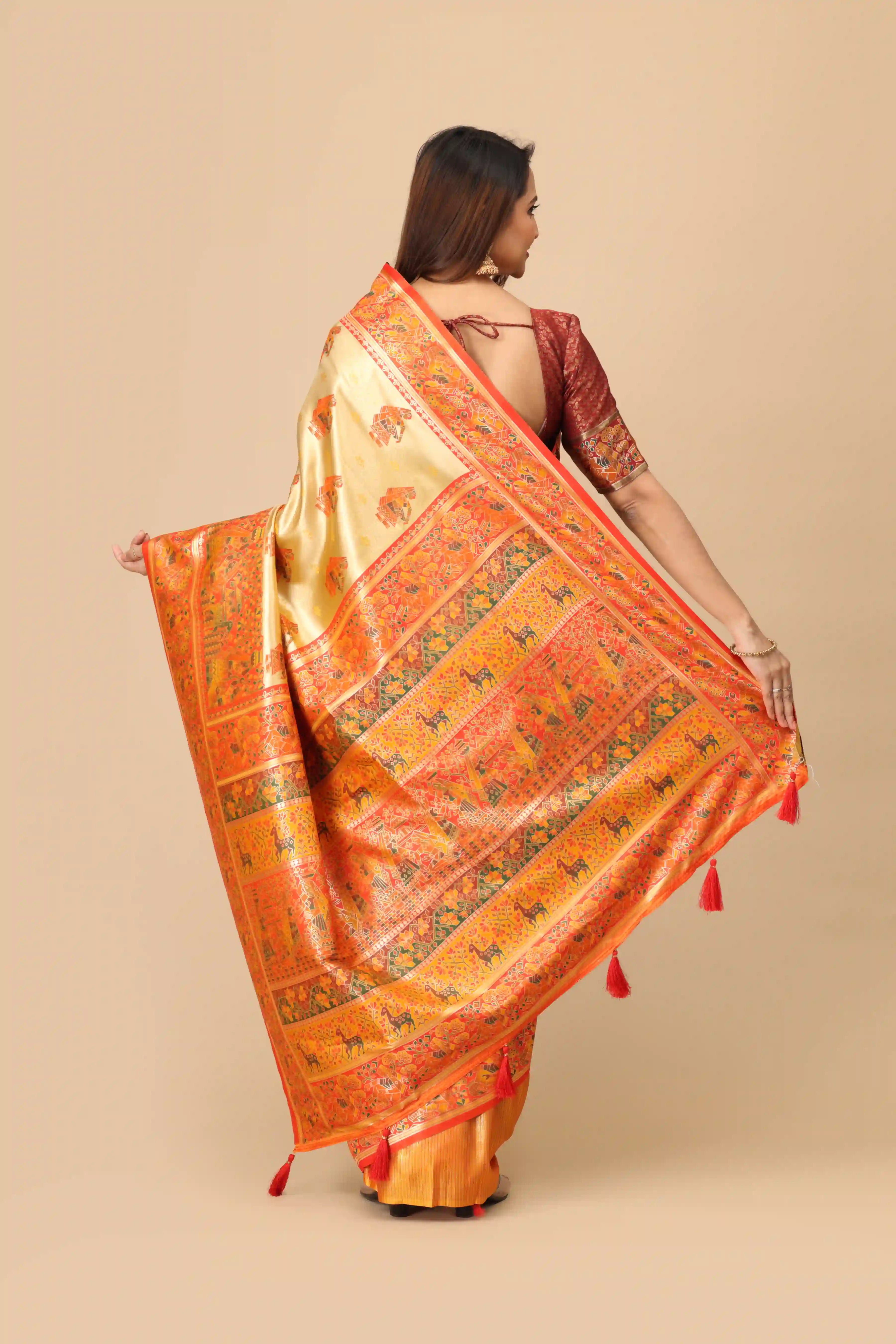 Saffron Orange Narrative Panel Border Champagne Gold Base Madhubani Inspired Semi-Silk Saree