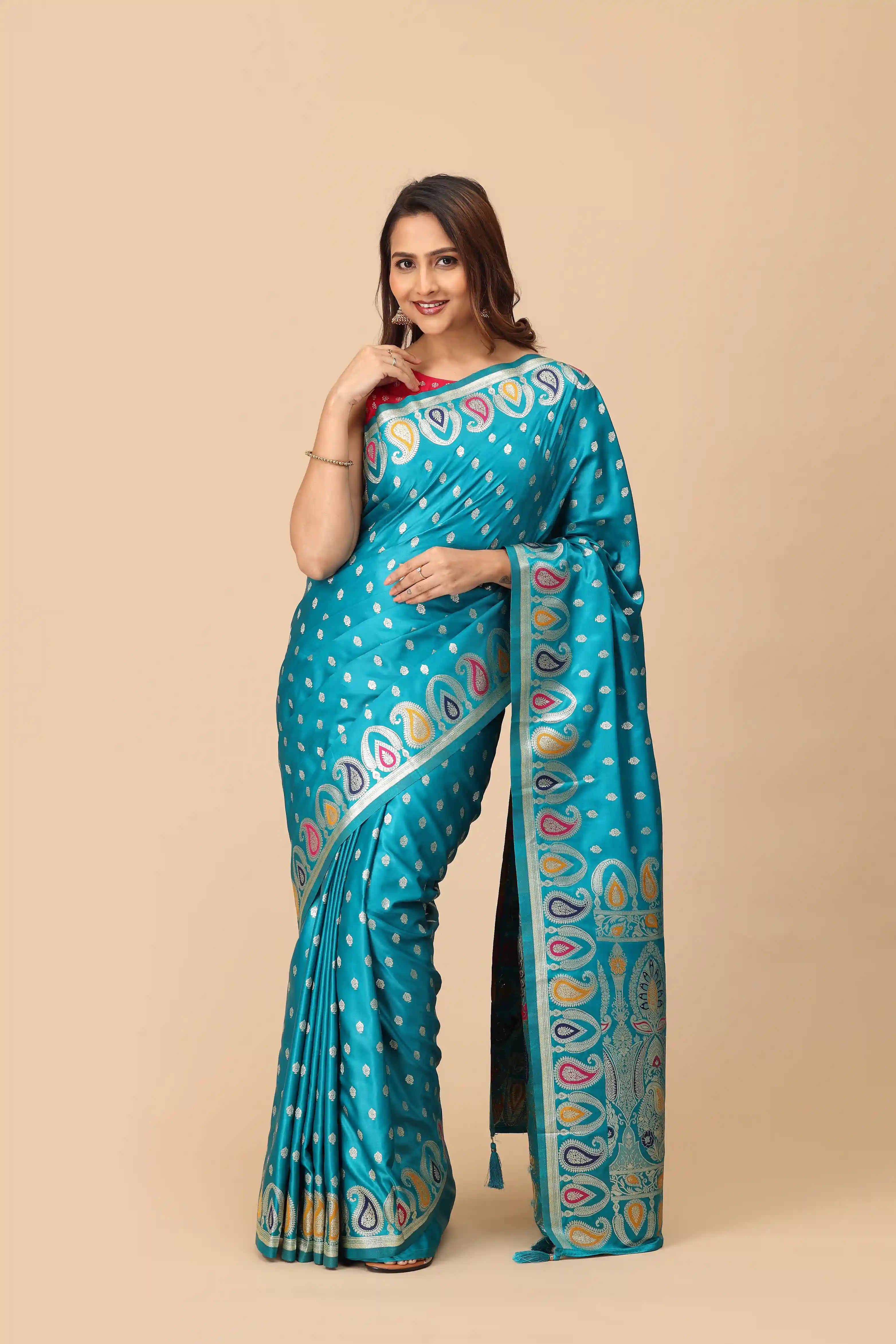 Teal Blue Banarasi Inspired Semi-Silk Saree with Multicolor Paisley Zari Border