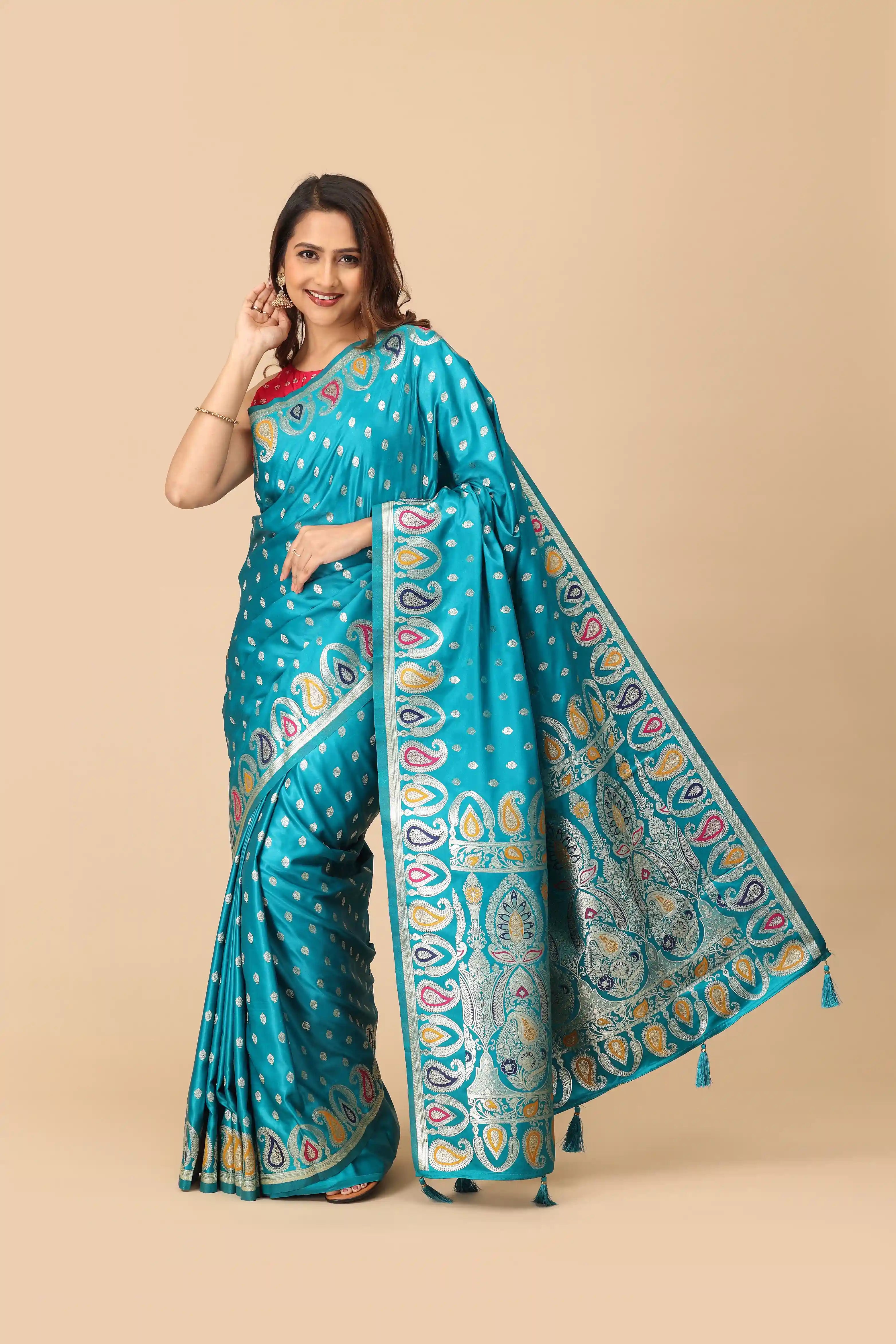 Teal Blue Banarasi Inspired Semi-Silk Saree with Multicolor Paisley Zari Border