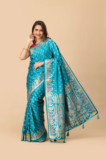 Teal Blue Banarasi Inspired Semi-Silk Saree with Multicolor Paisley Zari Border