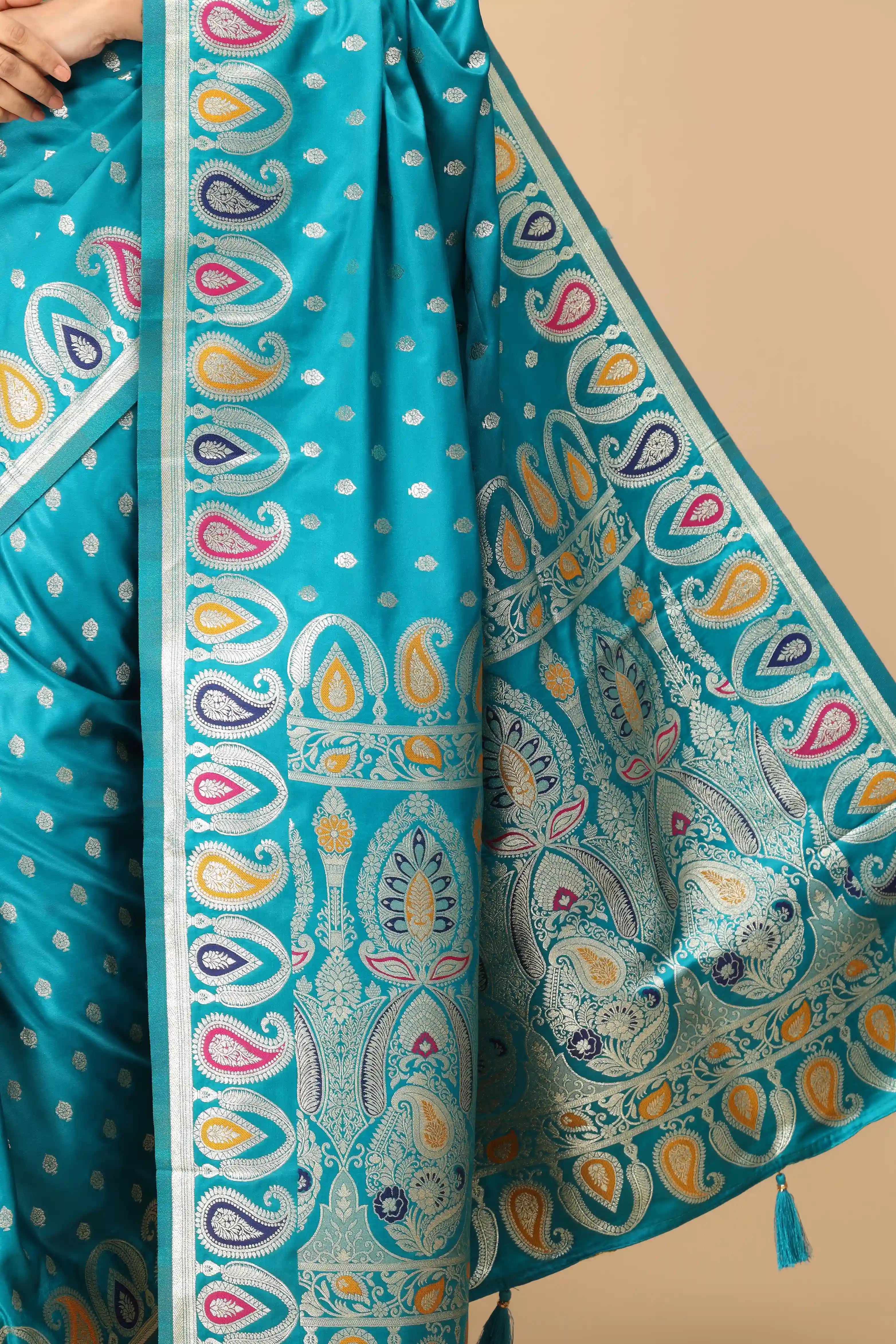Teal Blue Banarasi Inspired Semi-Silk Saree with Multicolor Paisley Zari Border
