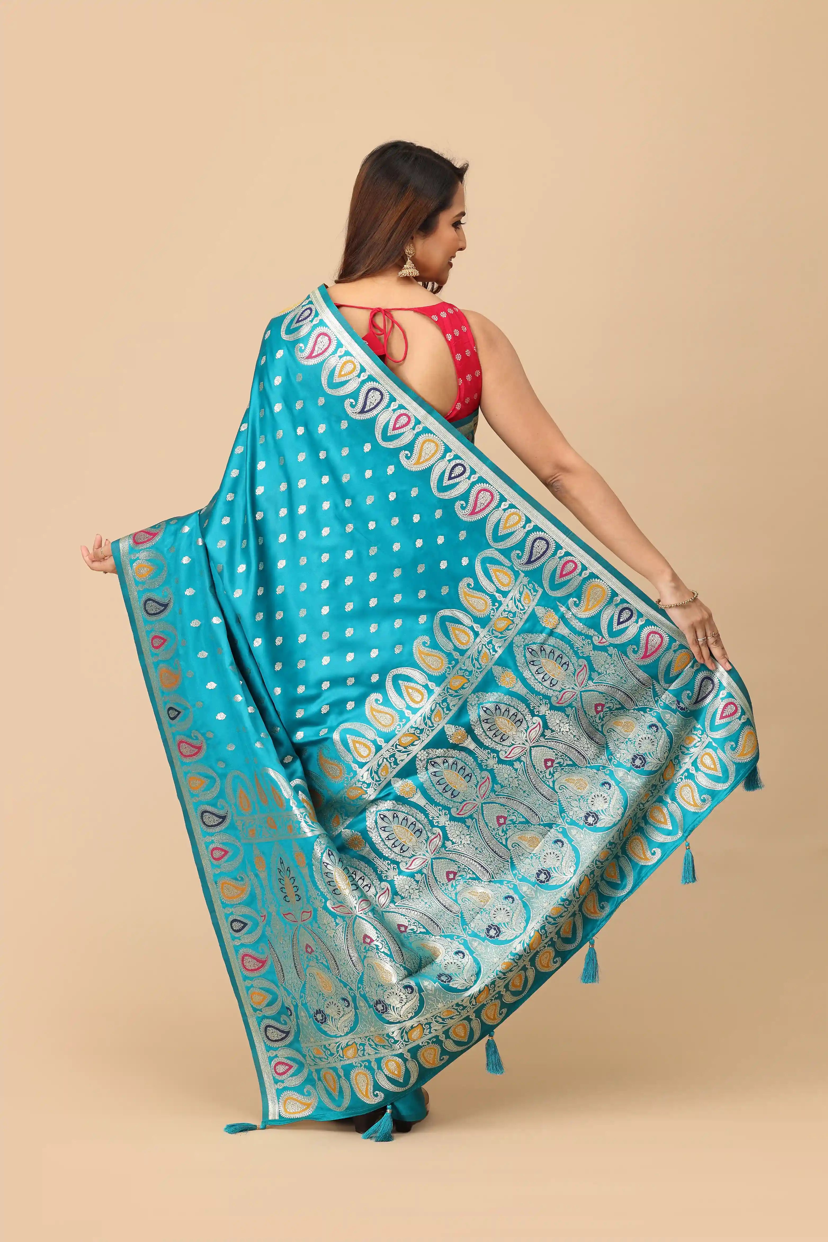 Teal Blue Banarasi Inspired Semi-Silk Saree with Multicolor Paisley Zari Border