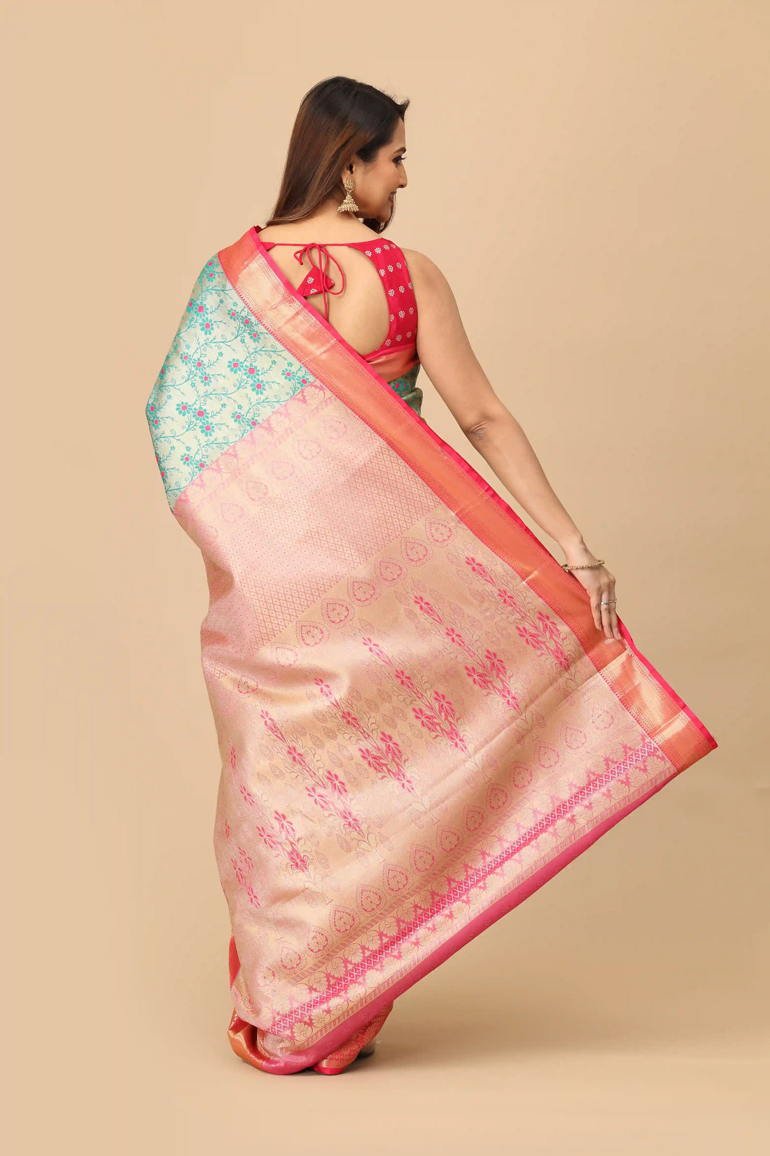 Sea Green Kanchi Inspired Semi-Silk Saree with Coral Pink Zari Border and Traditional Brocade Pallu