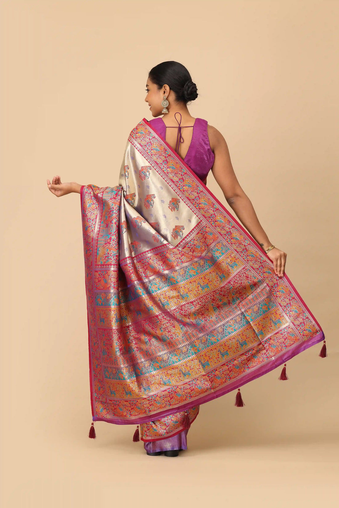 Royal Magenta Narrative Panel Border Champagne Gold Base Madhubani Inspired Semi-Silk Saree